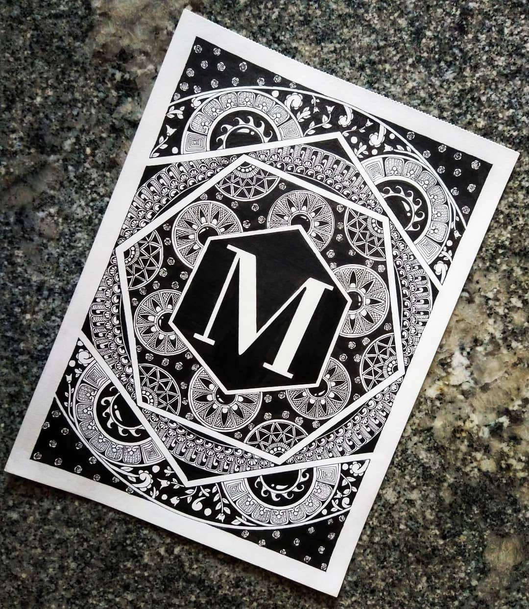 Letter M, black and white, monogrammed artwork, SD Phone Wallpaper