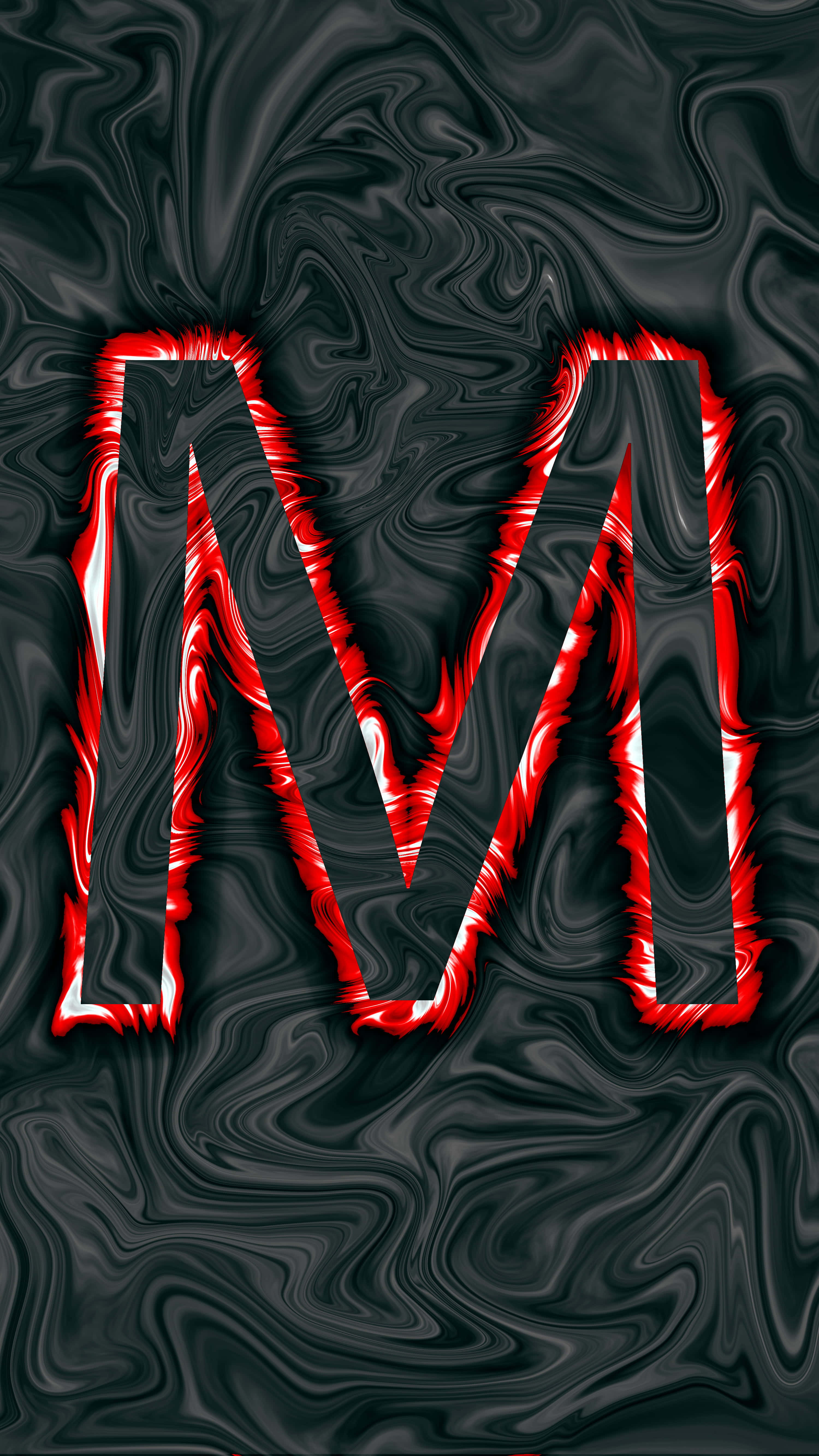 red letter M, black background, swirling black liquid-like texture, 5K Phone Wallpaper