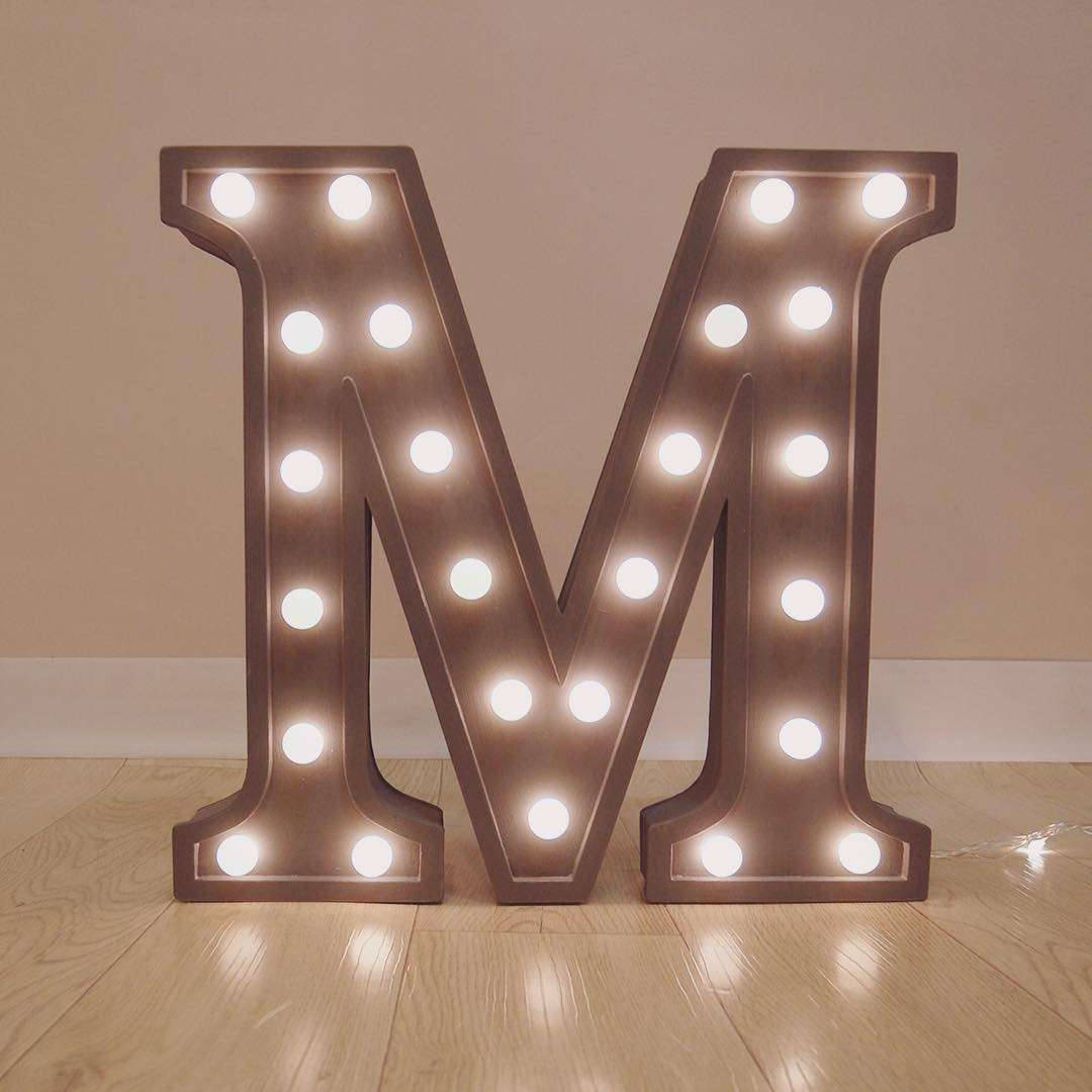 Letter M, LED lights, glowing bulbs, SD Desktop Wallpaper