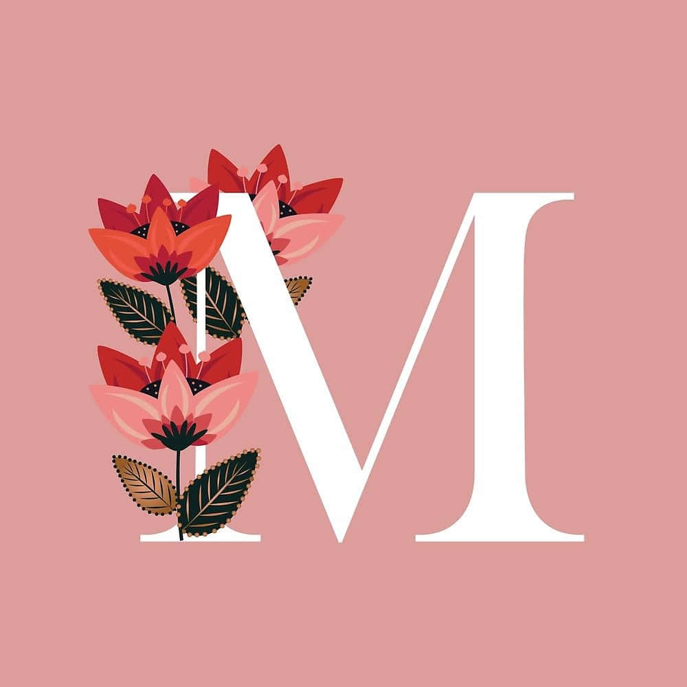 white letter M, stylized red and pink flowers, dark green leaves, SD Desktop Wallpaper