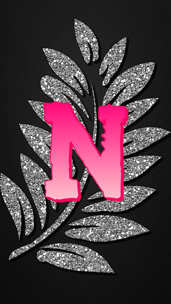 Letter N, silver glitter leaves, pink glittery, SD Phone Wallpaper