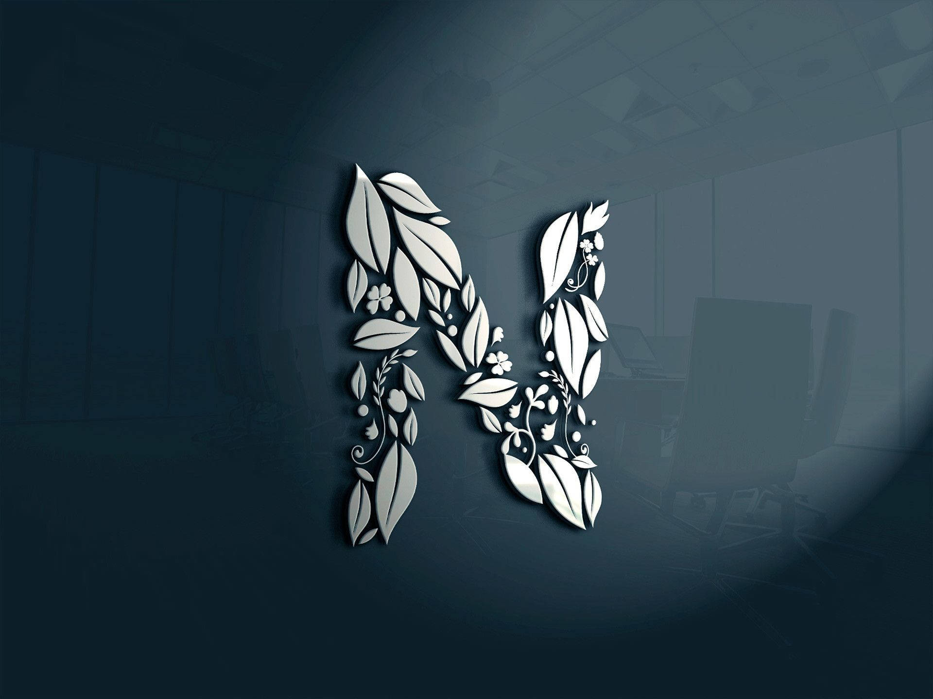 Letter N, white leaf pattern, dark blue wall, Full HD Desktop Wallpaper