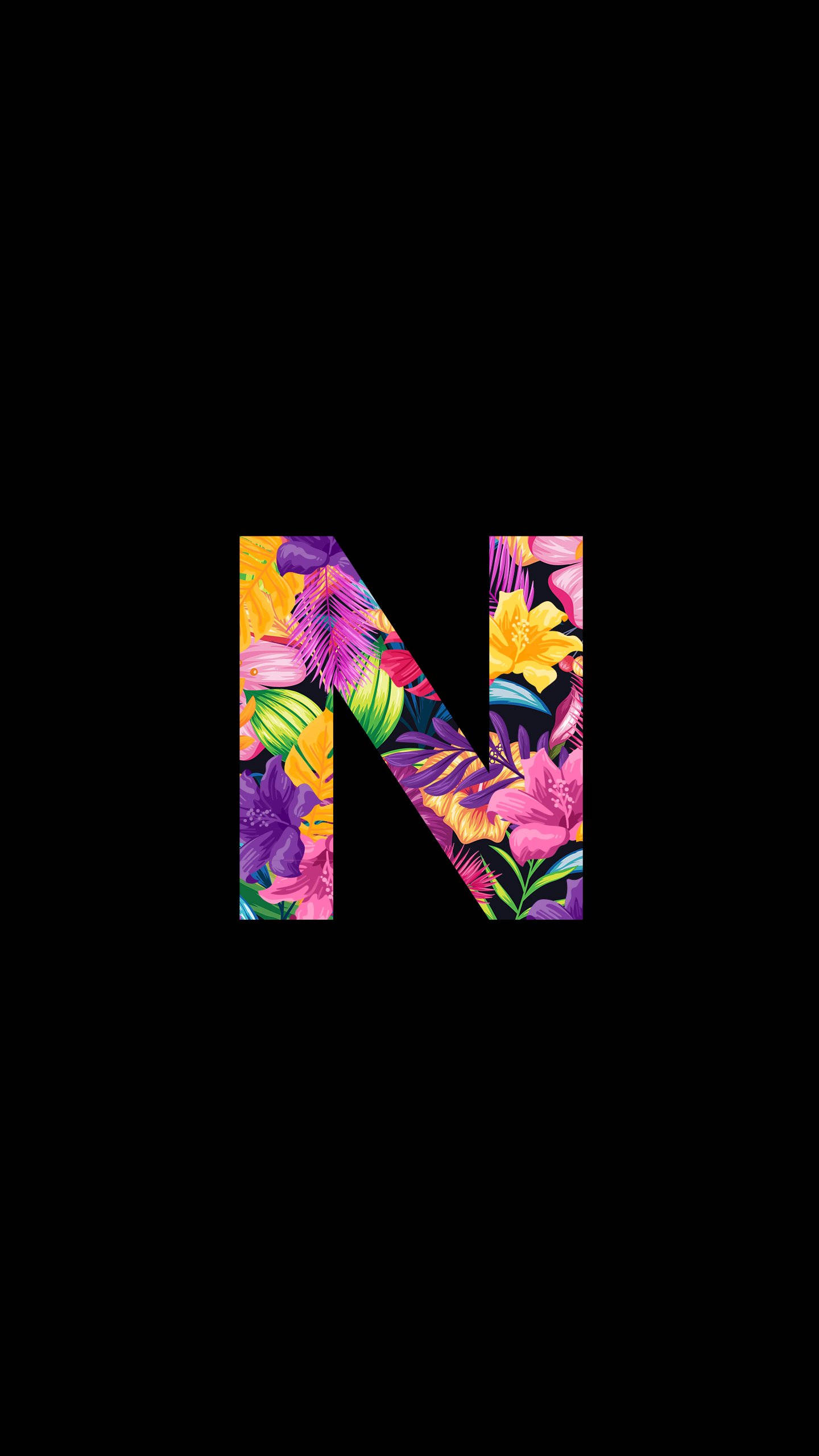 Floral Letter N, tropical flowers, leaves, 2K Phone Wallpaper