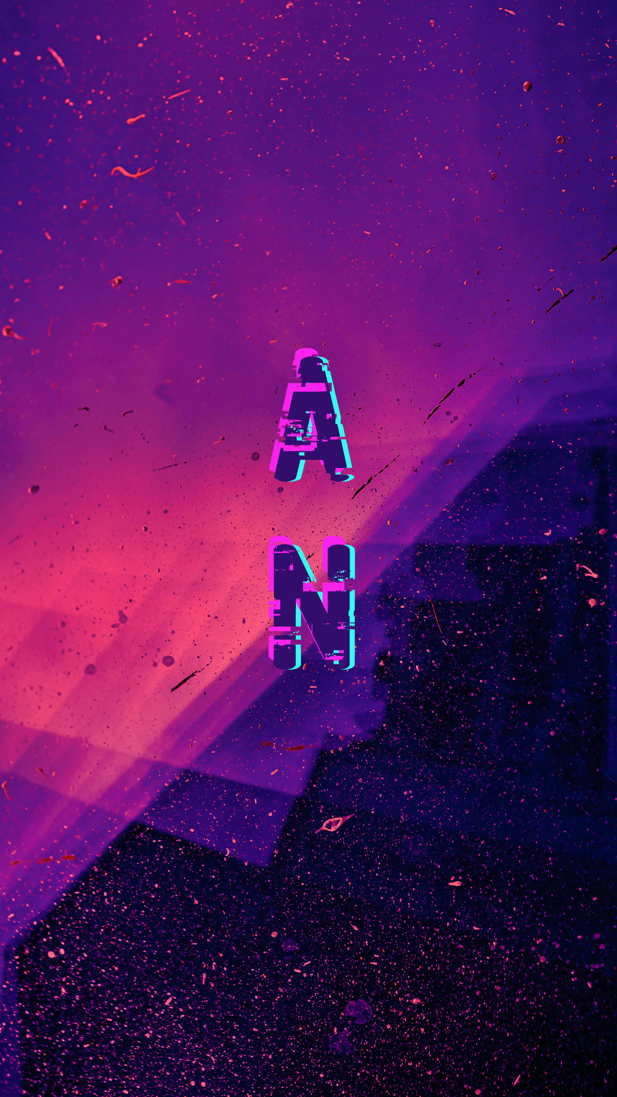 glitch effect, neon letters 'AN', vibrant purple and pink gradient, 4K Phone Wallpaper