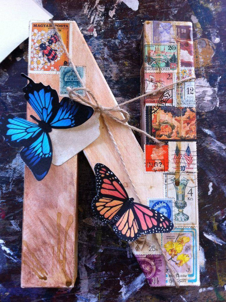 Letter N, vintage stamps, twine, SD Phone Wallpaper