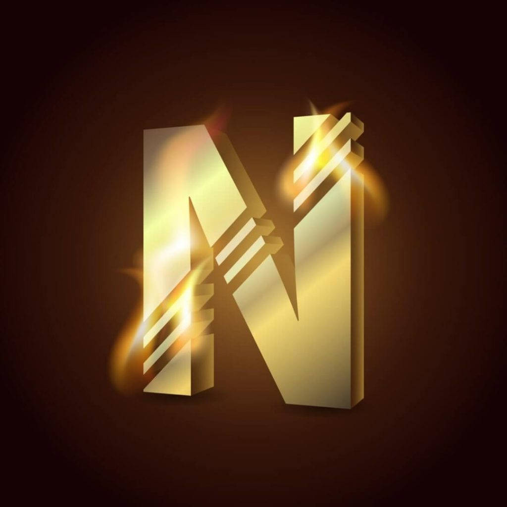 Letter N, luxurious gold color, fiery light effects, SD Desktop Wallpaper