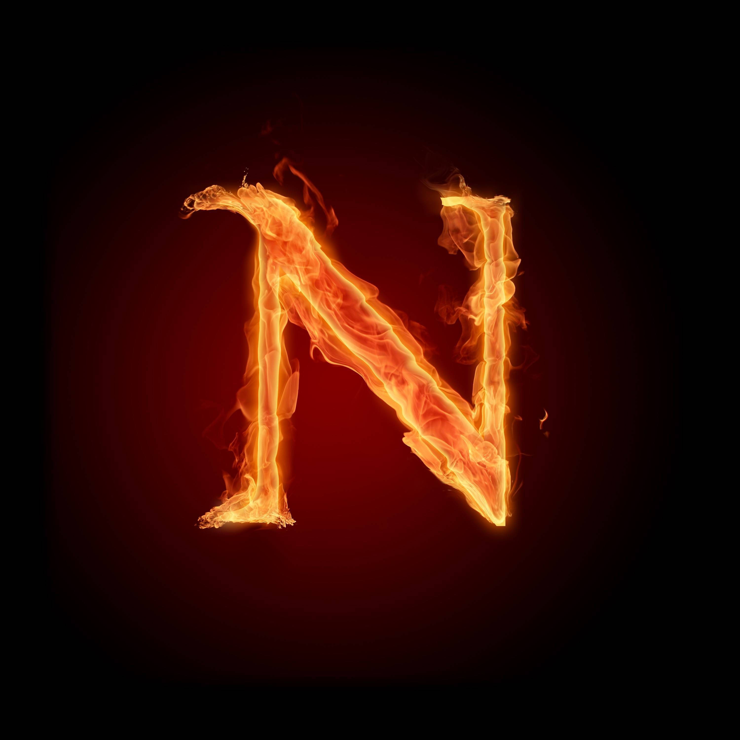 fiery orange letter N, vibrant orange flames, dark red gradient background, 2K Desktop Wallpaper