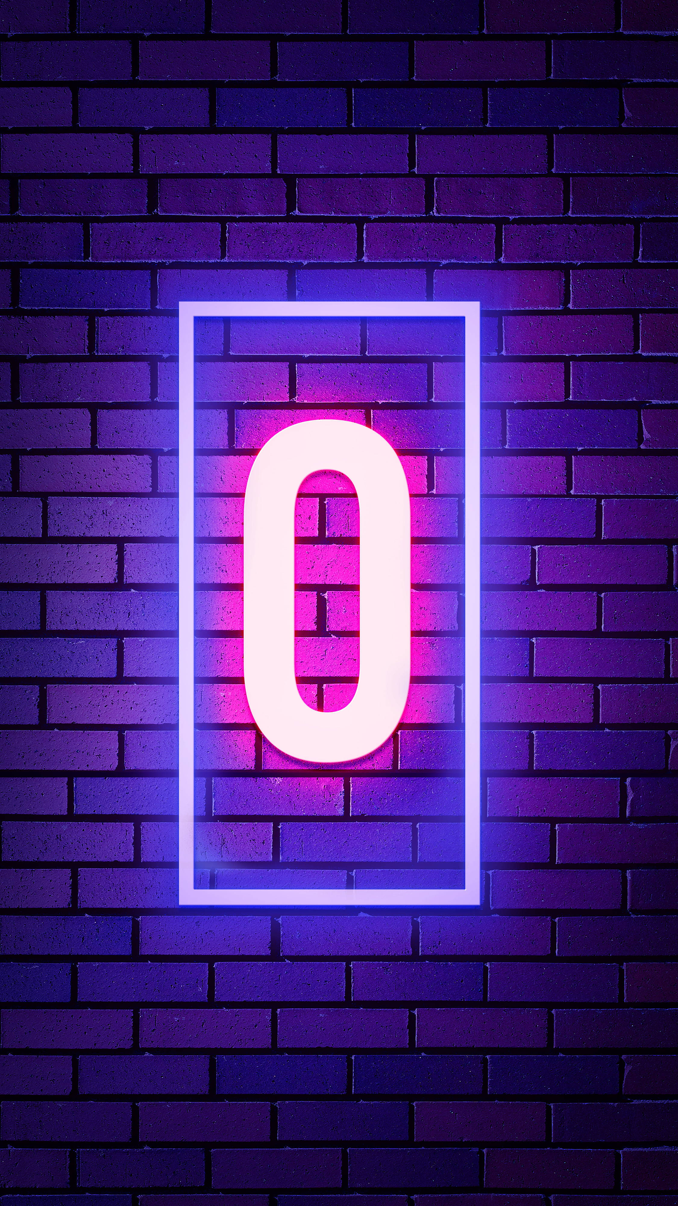 Neon letter O, pink and blue light, dark purple brick wall, 4K Phone Wallpaper