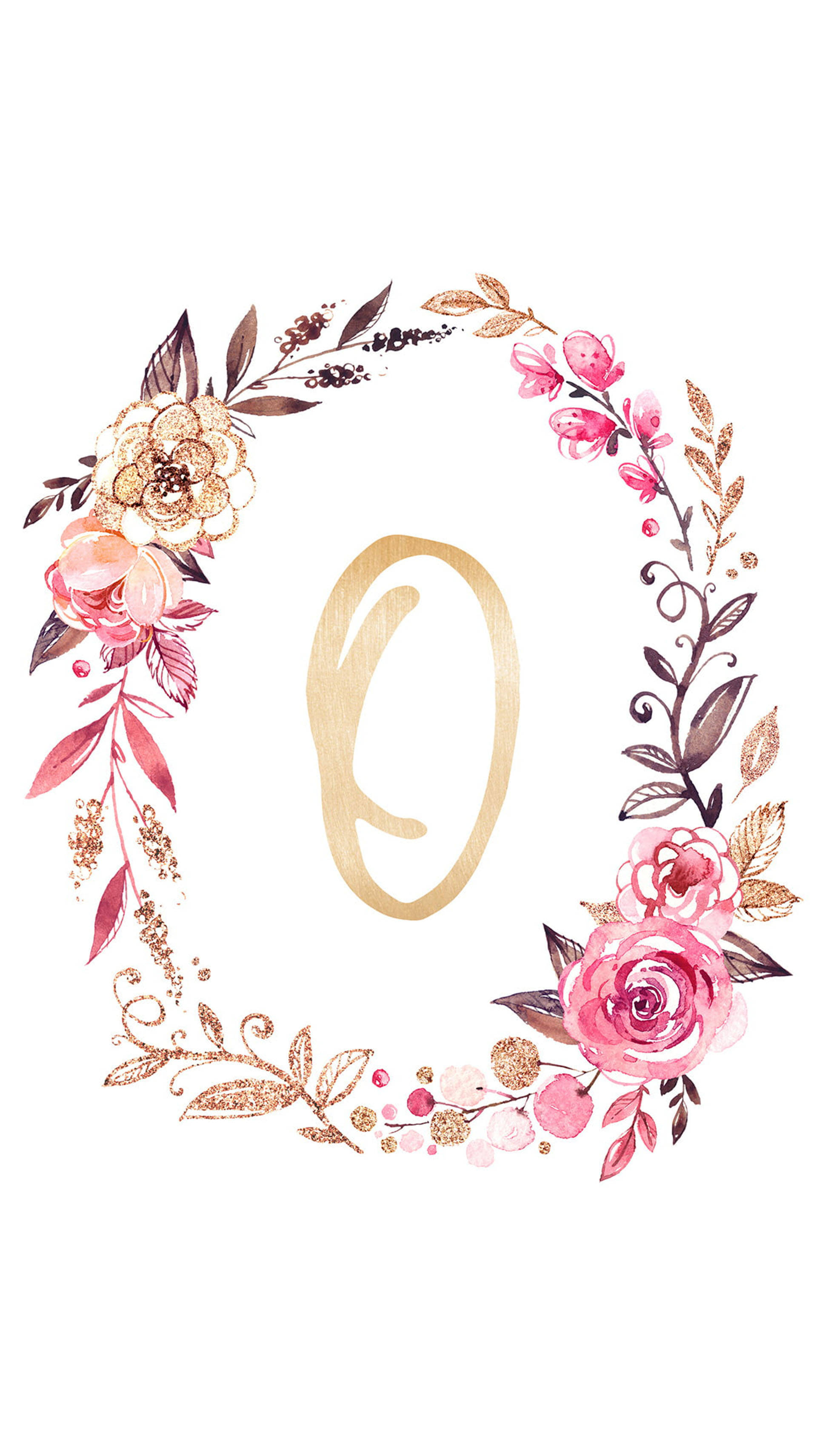 Letter O, floral wreath, pink gold, 2K Phone Wallpaper