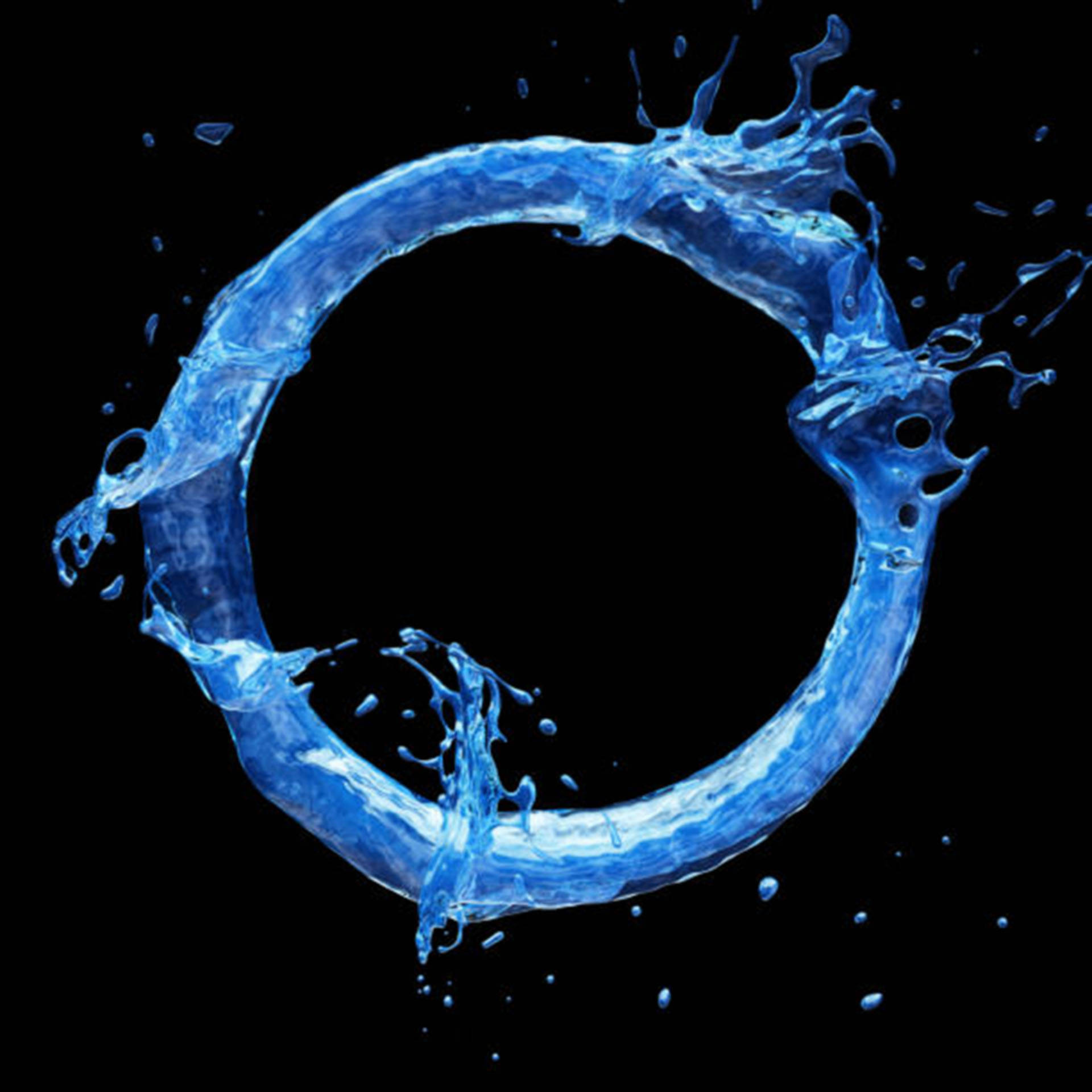 Letter O, blue water ring, black background, Full HD Desktop Wallpaper