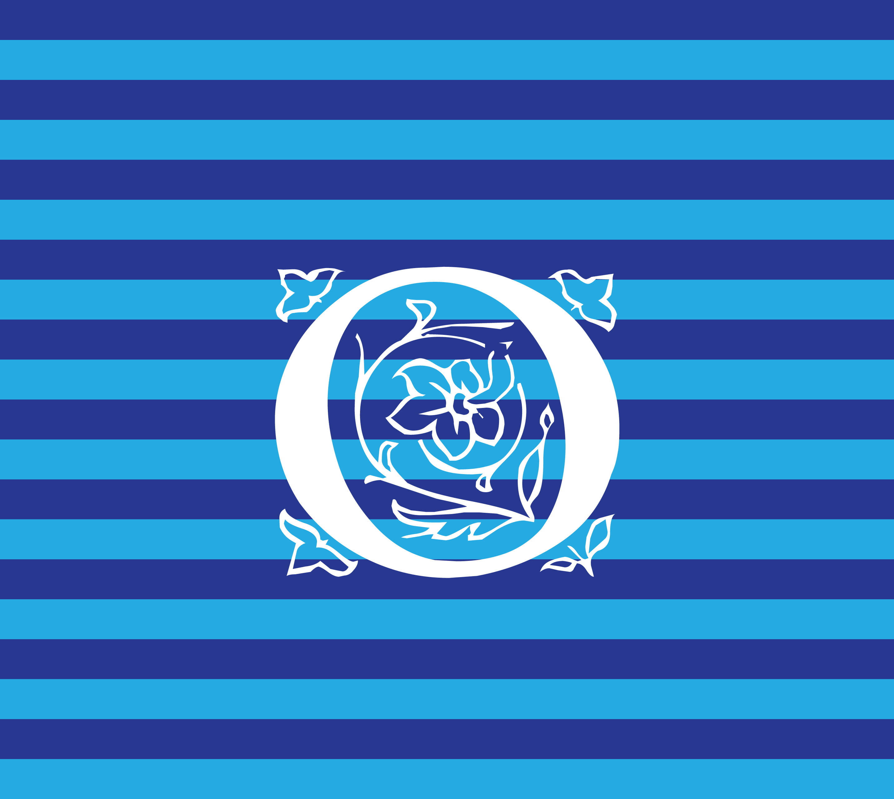 Letter O, blue stripes, white stylized floral monogram, 2K Desktop Wallpaper