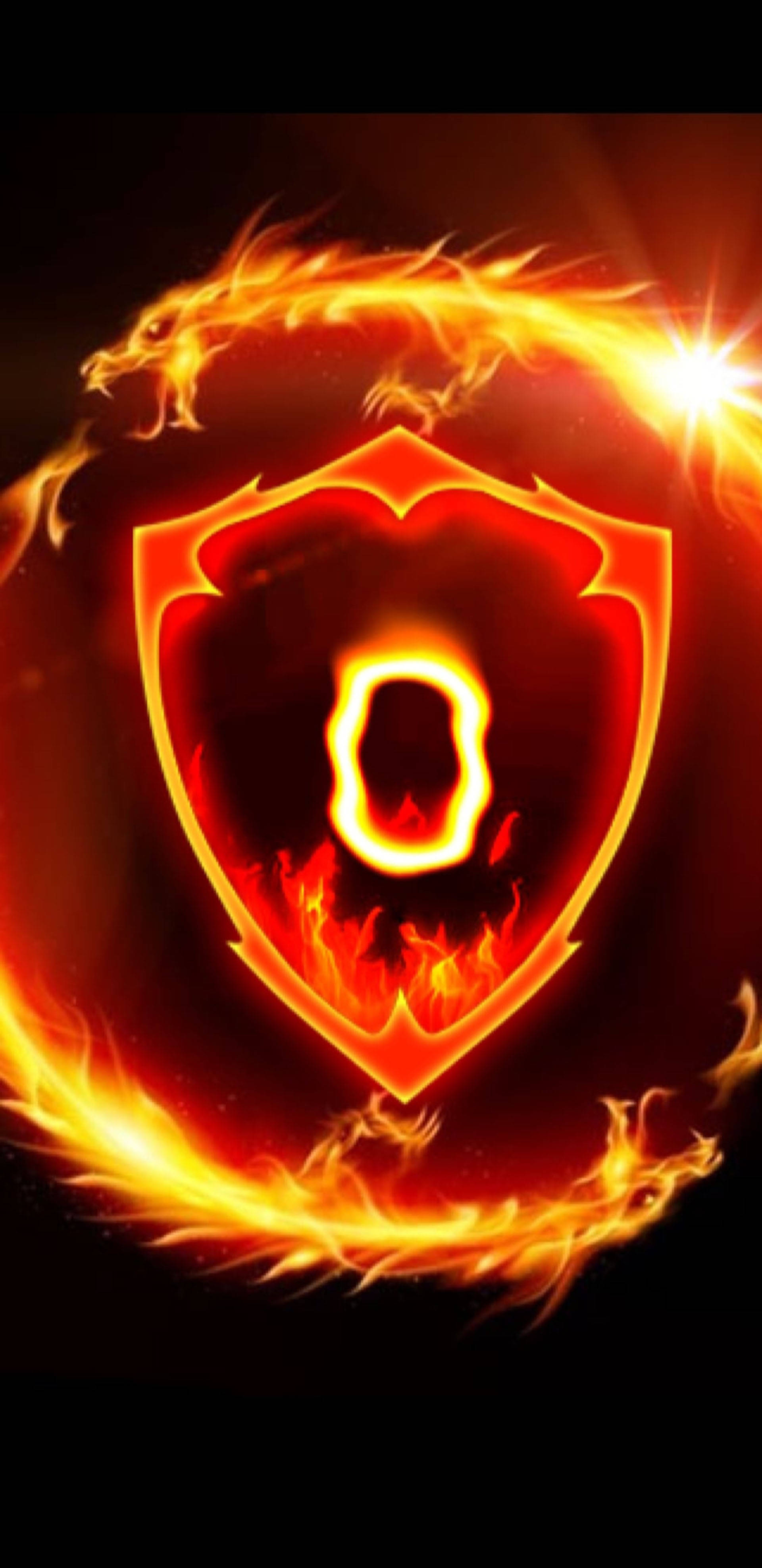 Letter O, dragon shield, flaming dragon, 4K Phone Wallpaper