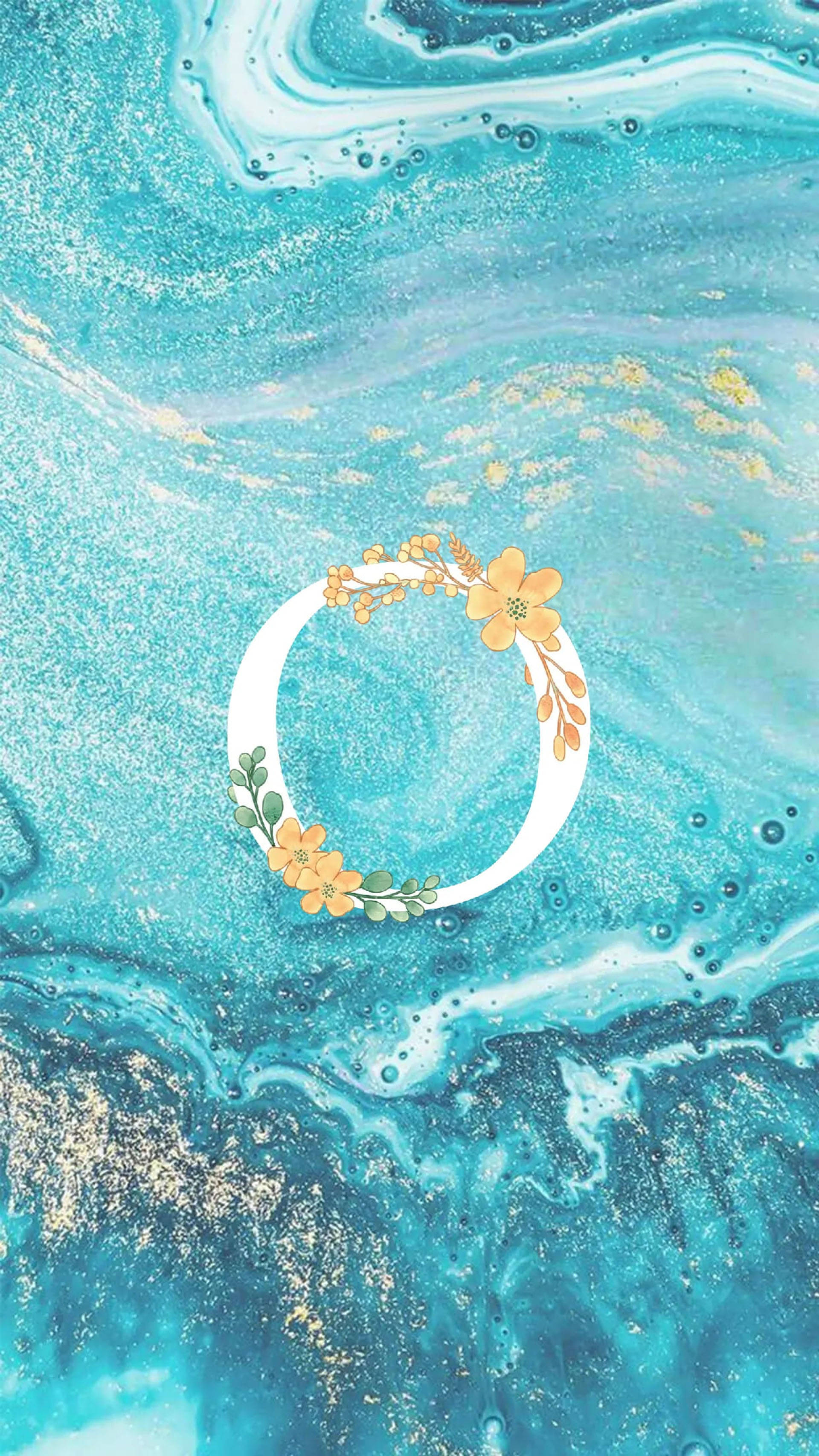 Letter O, white circular wreath, yellow flowers, 2K Phone Wallpaper