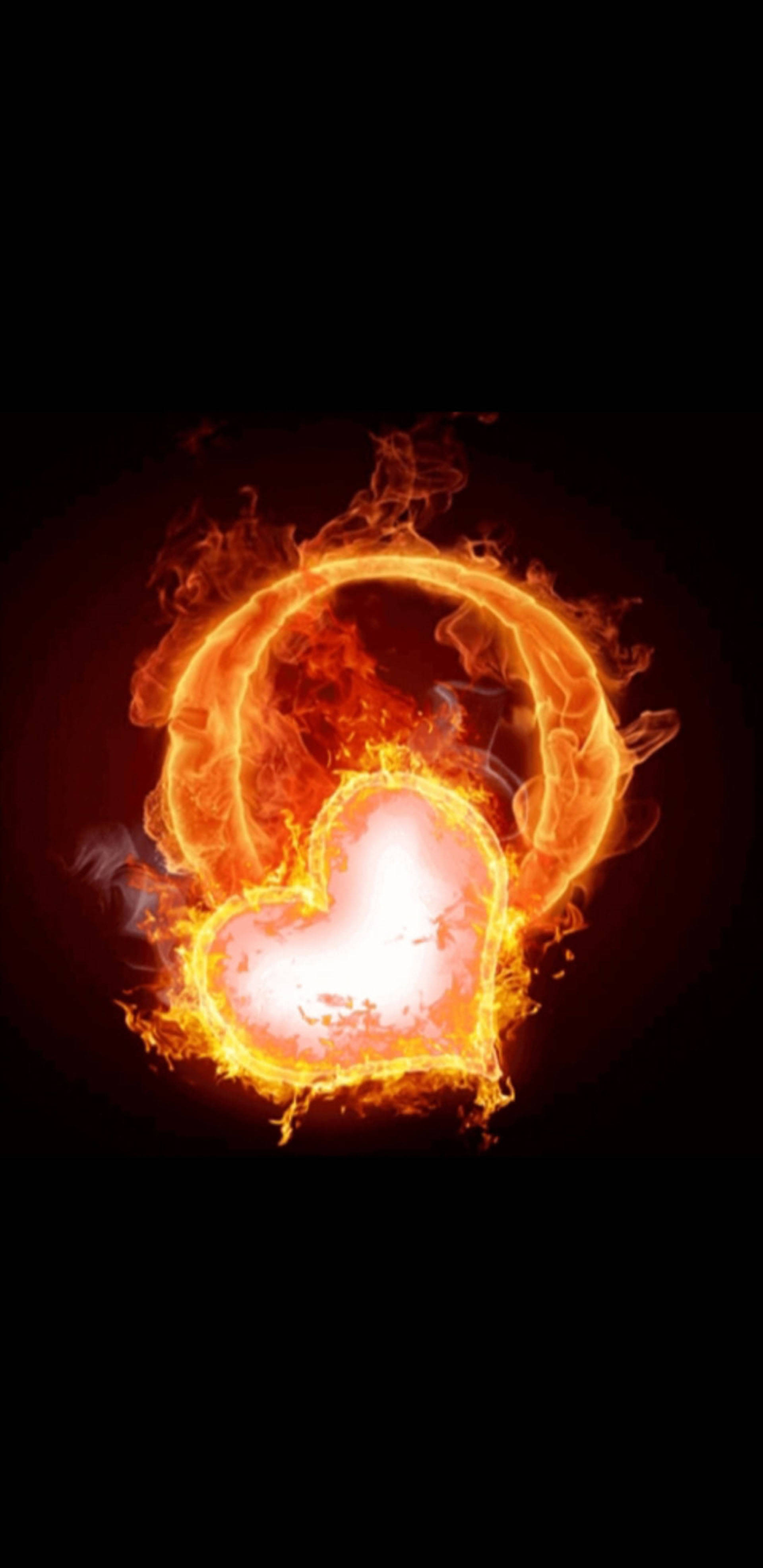 Fiery Letter O Heart, glowing heart, circular ring, 4K Phone Wallpaper