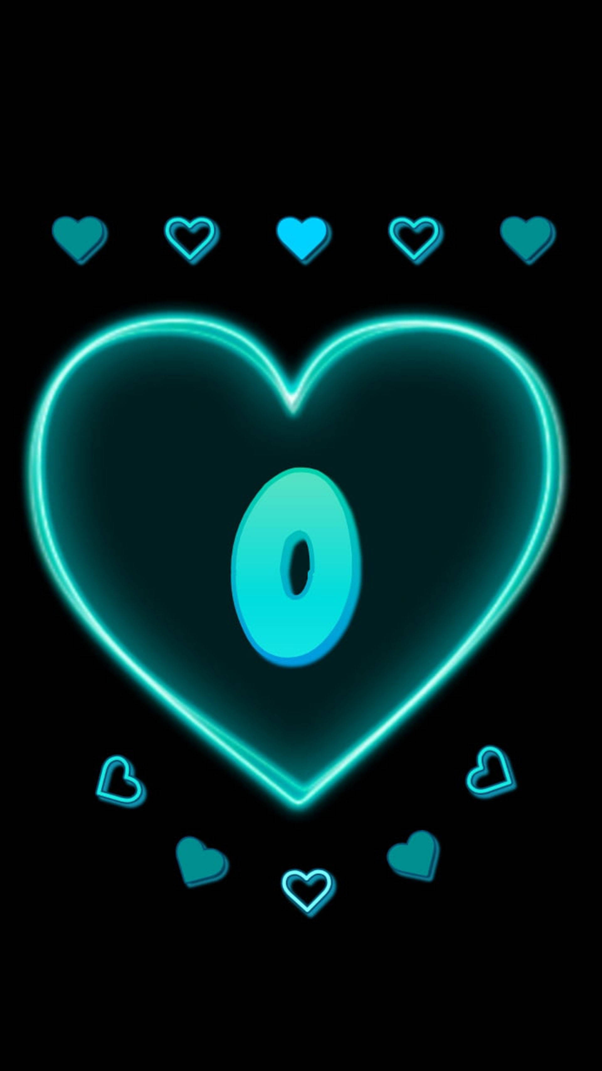 Letter O, teal, neon heart, 2K Phone Wallpaper