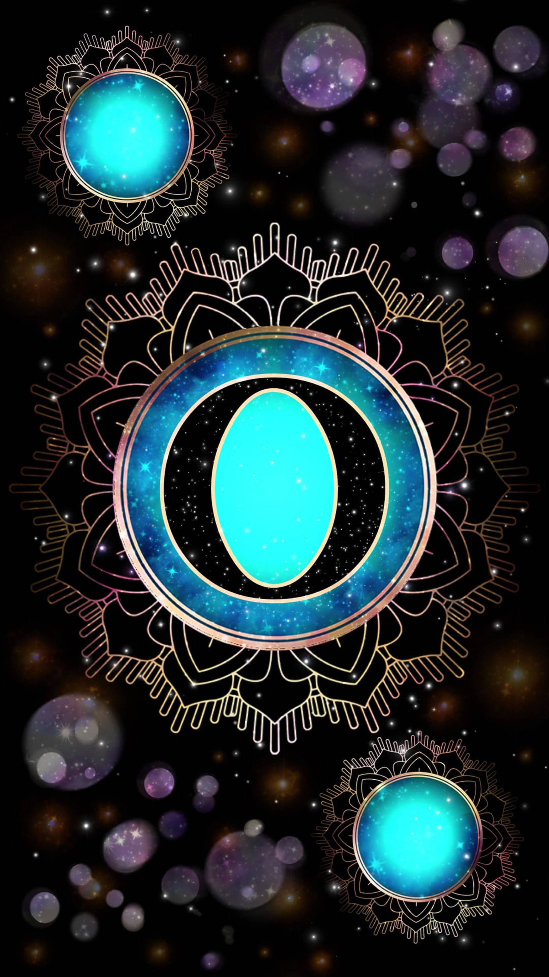 Mystical Letter O, cosmic mandala, glowing turquoise orbs, 2K Phone Wallpaper