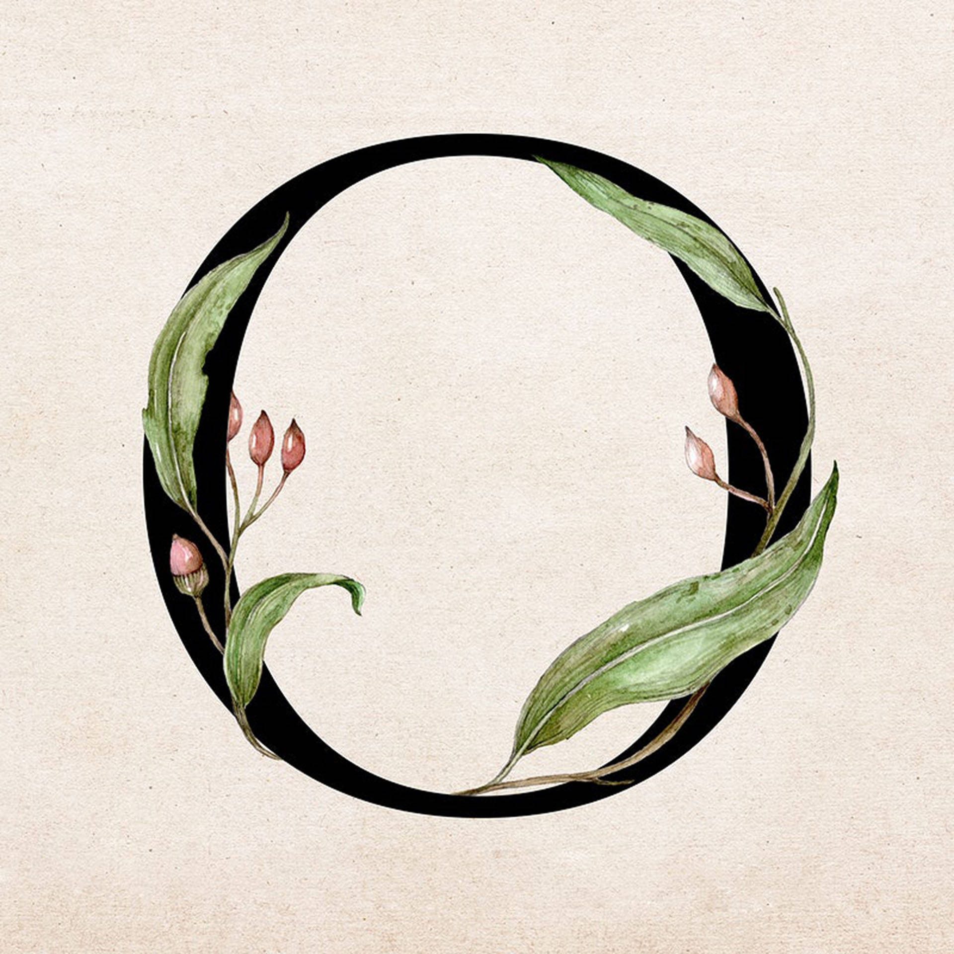 Letter O, watercolor wreath, green leaves, Full HD Desktop Wallpaper