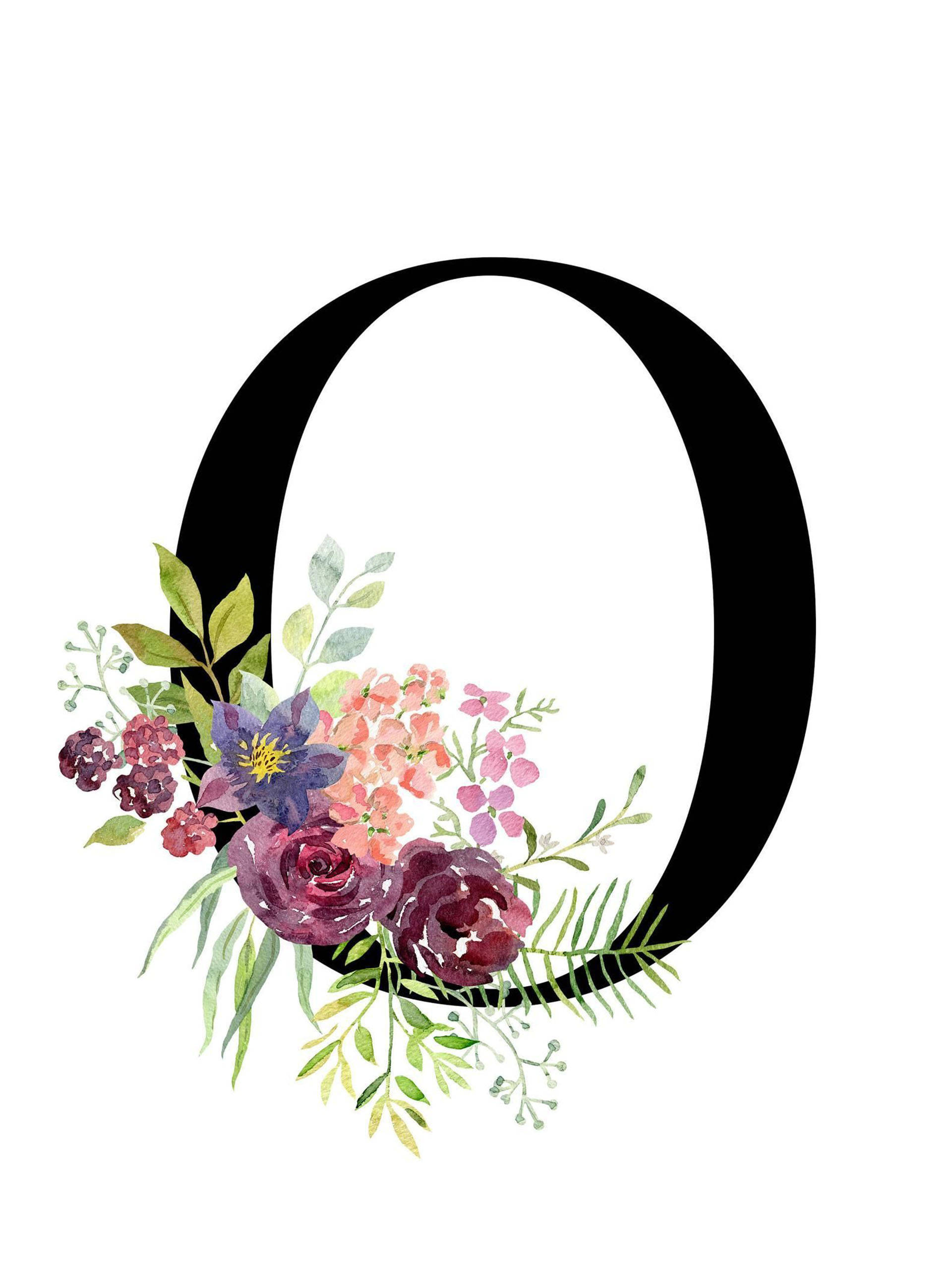Letter O, watercolor, roses, 2K Phone Wallpaper