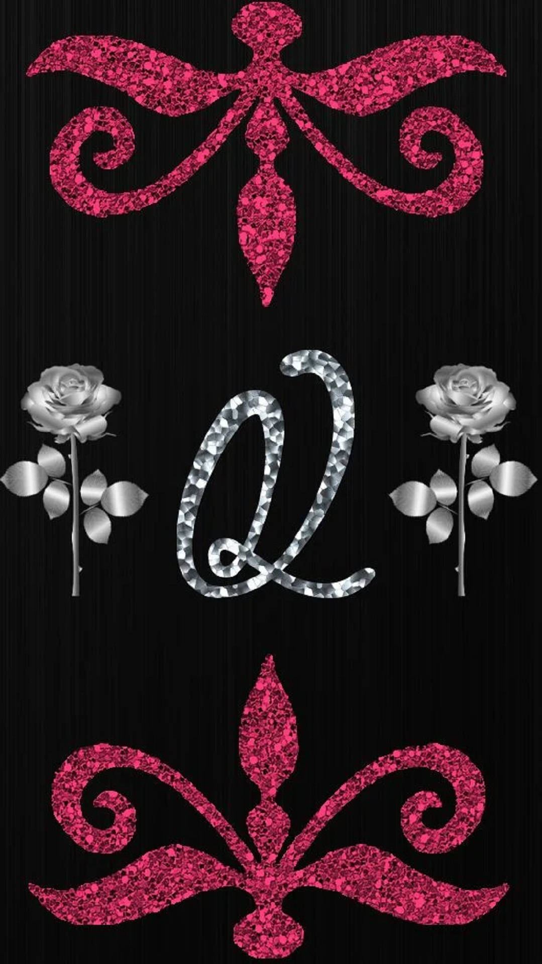 black background, glittery pink ornamental flourishes, silver diamond-studded letter Q, Full HD Phone Wallpaper