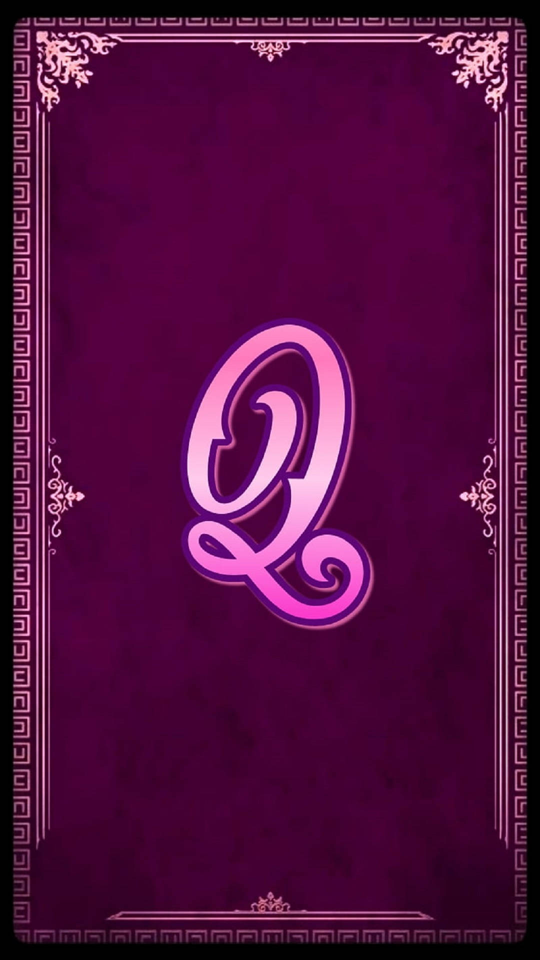 pink letter Q, deep purple textured background, ornate white borders, Full HD Phone Wallpaper