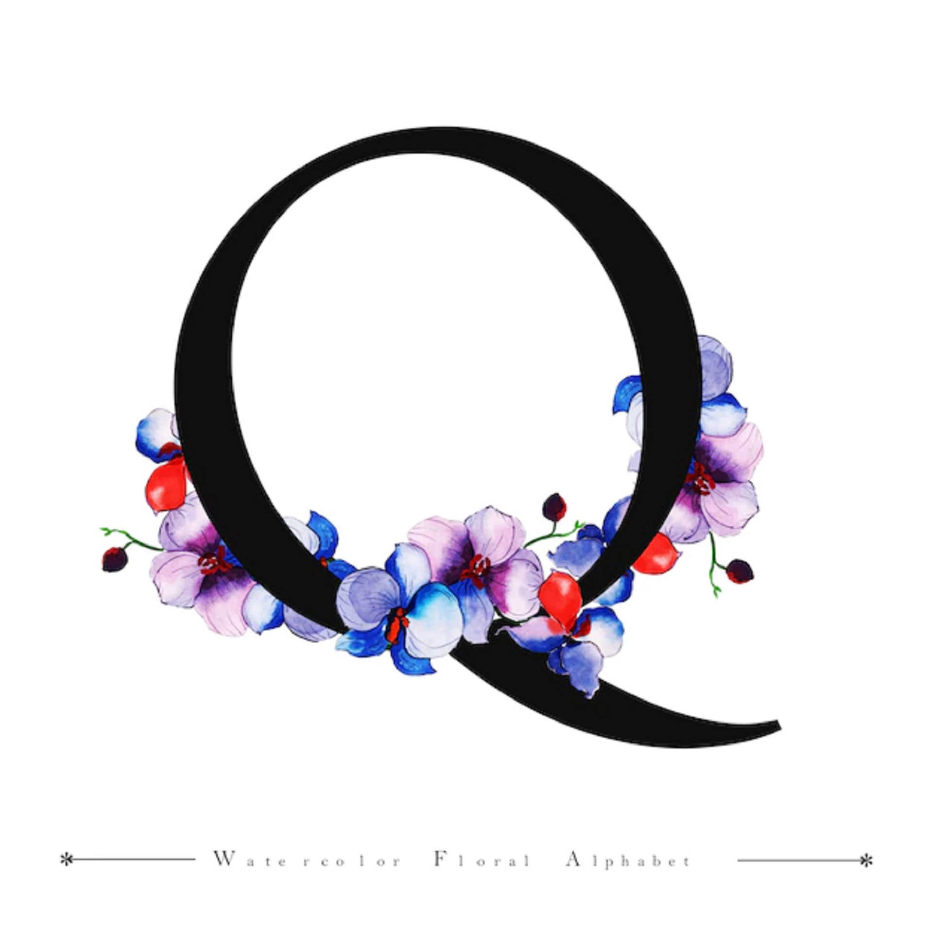 Black Letter Q, watercolor flowers, purple blue, Full HD Desktop Wallpaper