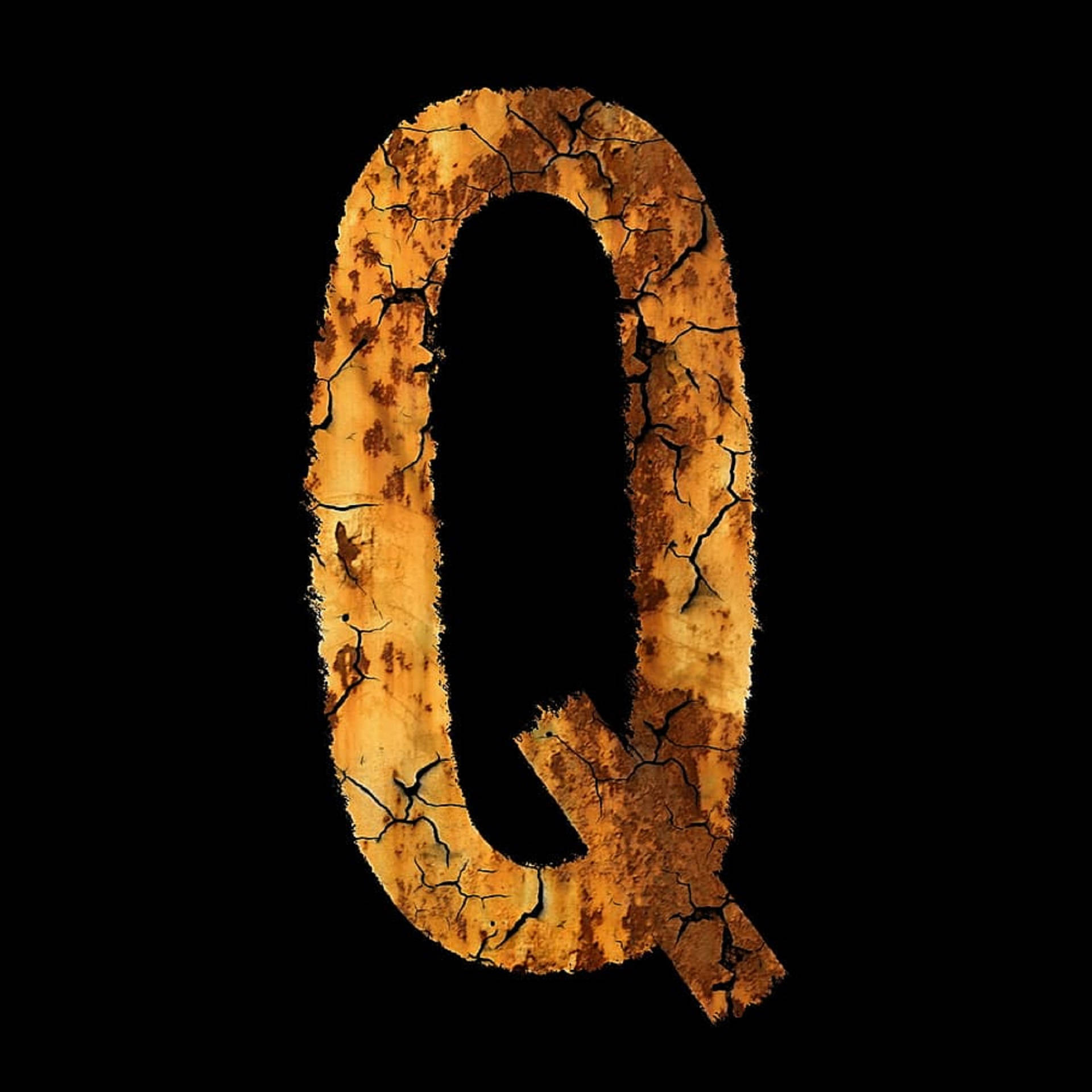 Broken Brown Letter Q, cracked rusted letter Q, stark black background, Full HD Desktop Wallpaper