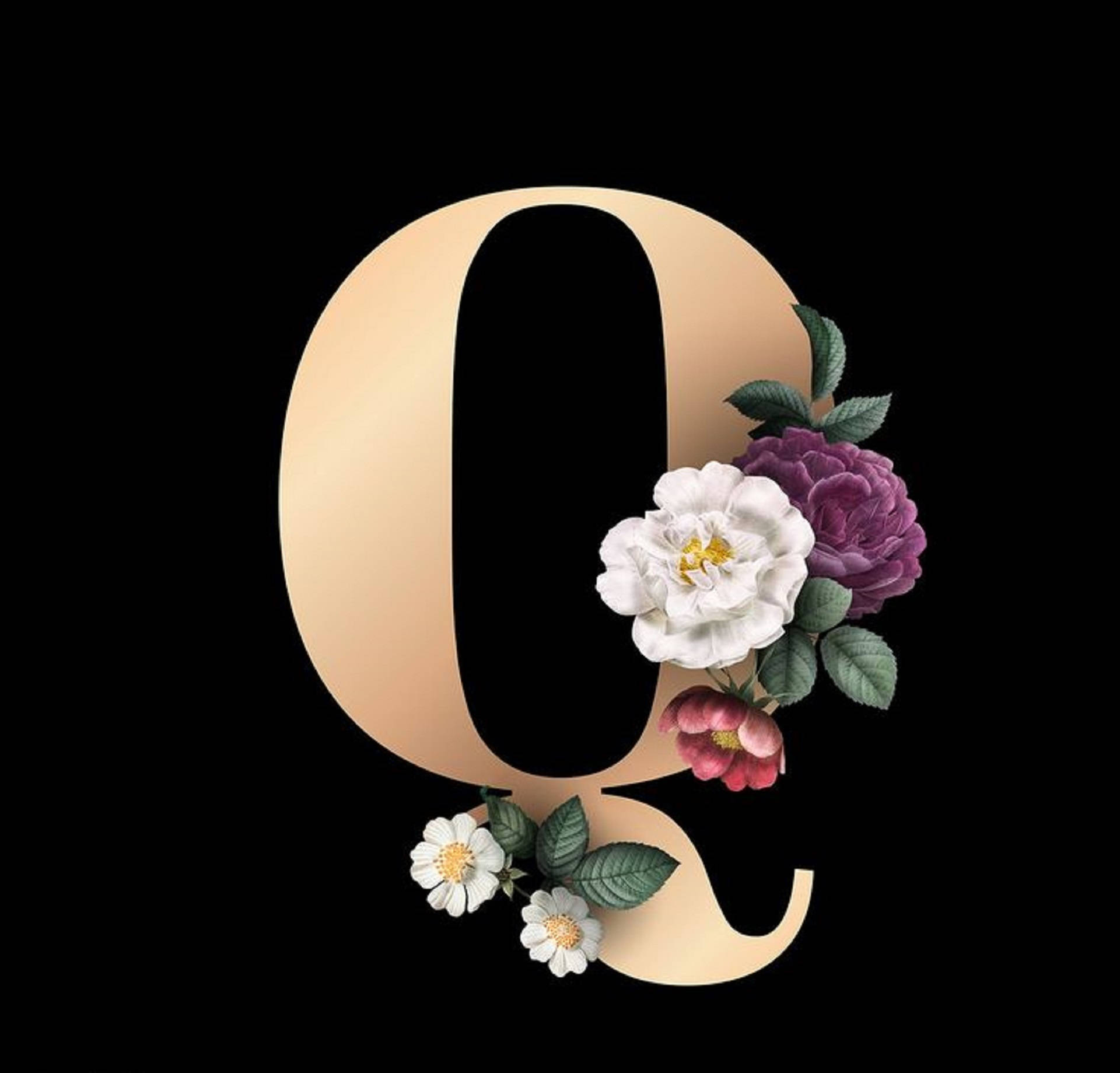 golden letter Q, white purple and pink flowers, black background, Full HD Desktop Wallpaper