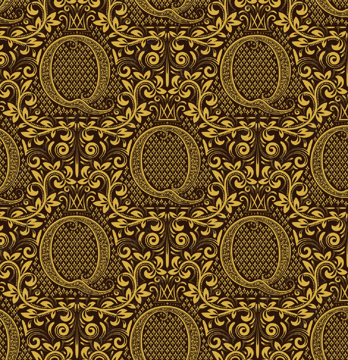 gold letter q pattern, ornate damask pattern, swirling vines, SD Phone Wallpaper