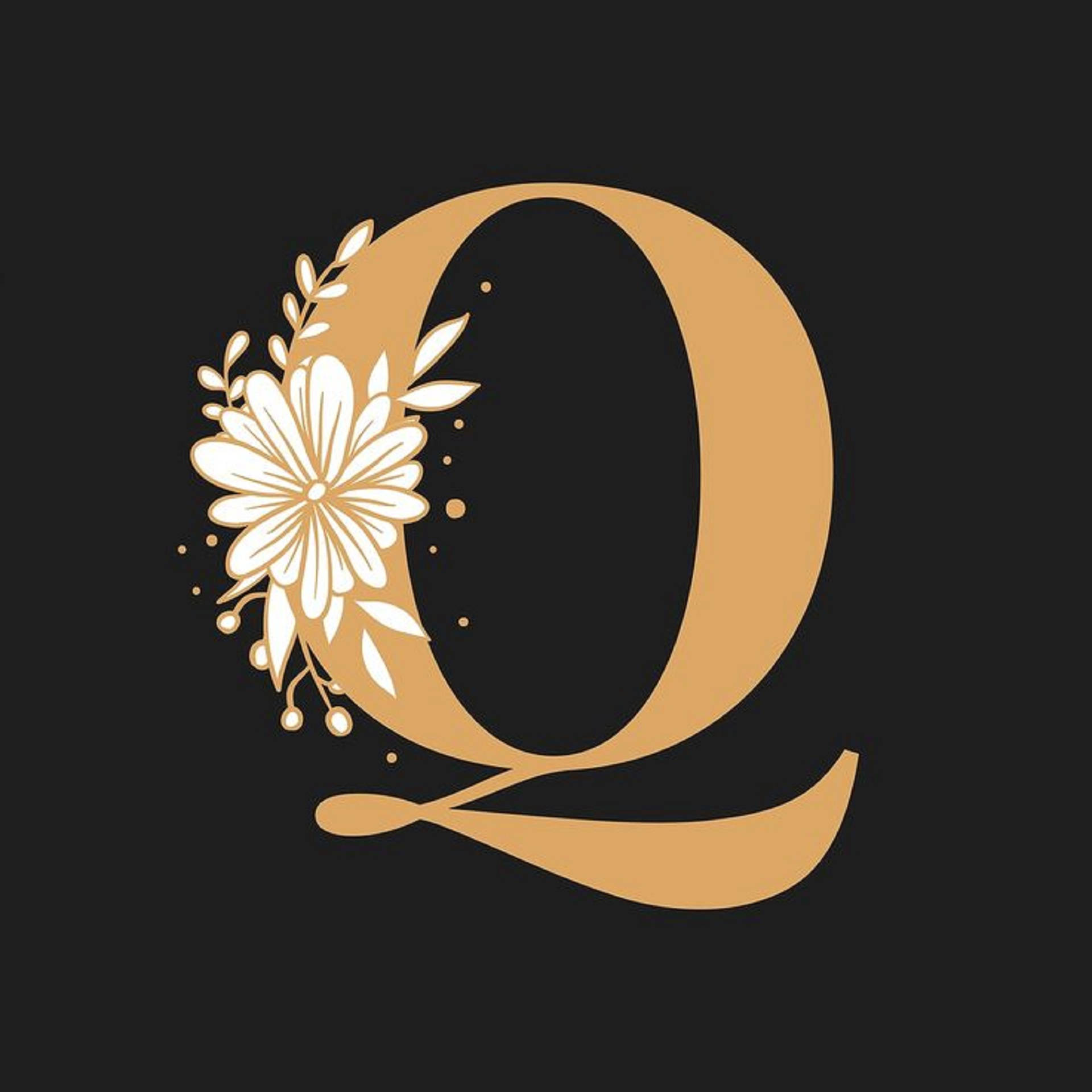 golden letter Q, white floral design, black background, Full HD Desktop Wallpaper