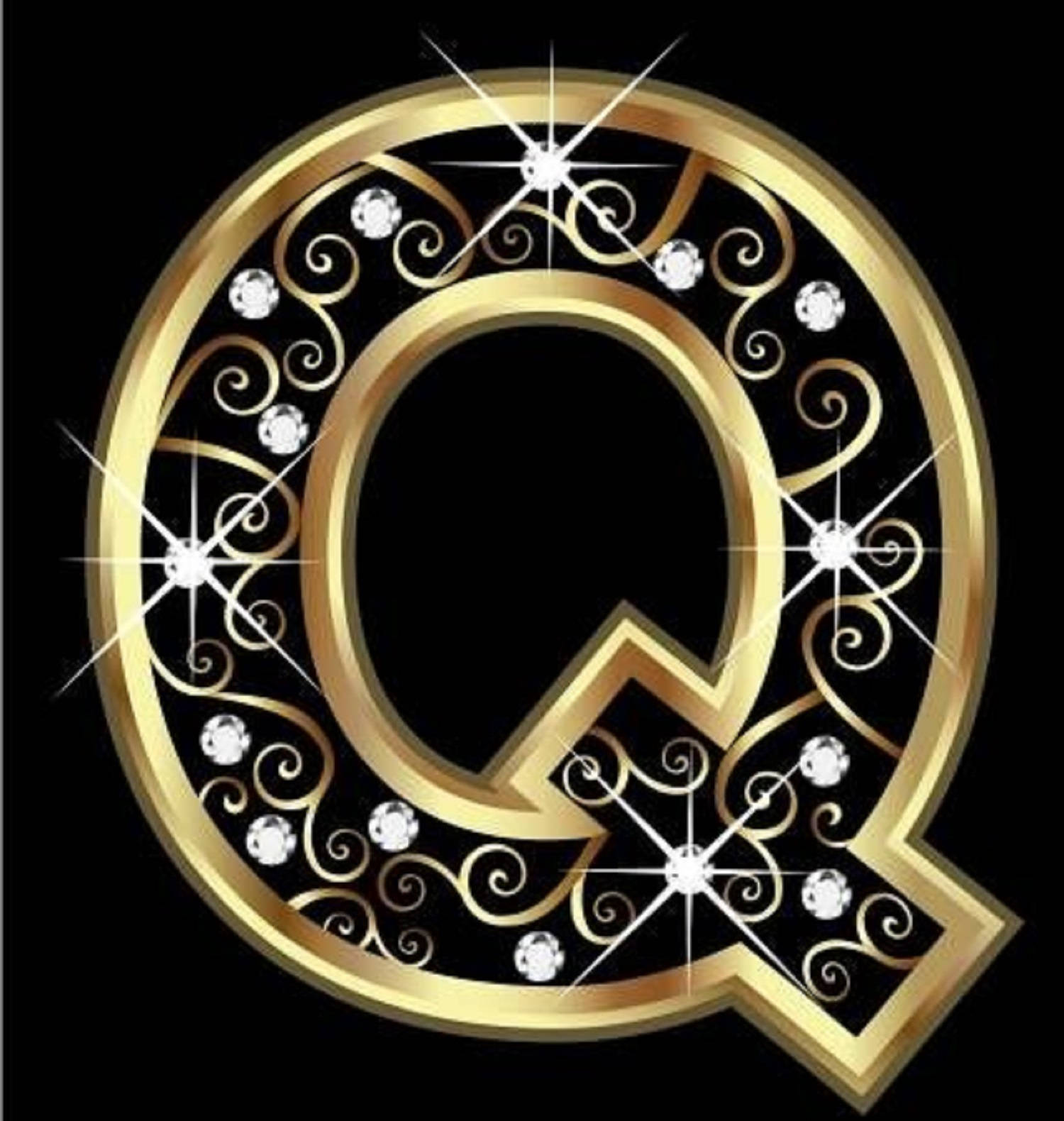 golden letter Q, sparkling diamonds, ornate swirls, HD Phone Wallpaper