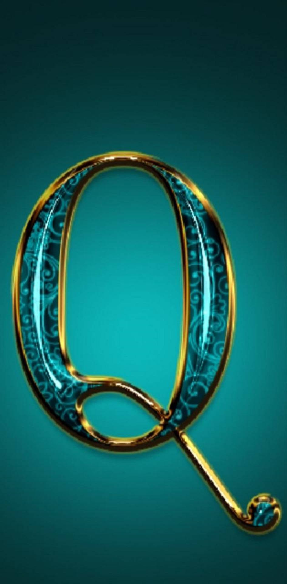 golden ornate letter Q, intricate blue filigree patterns, teal gradient background, Full HD Phone Wallpaper