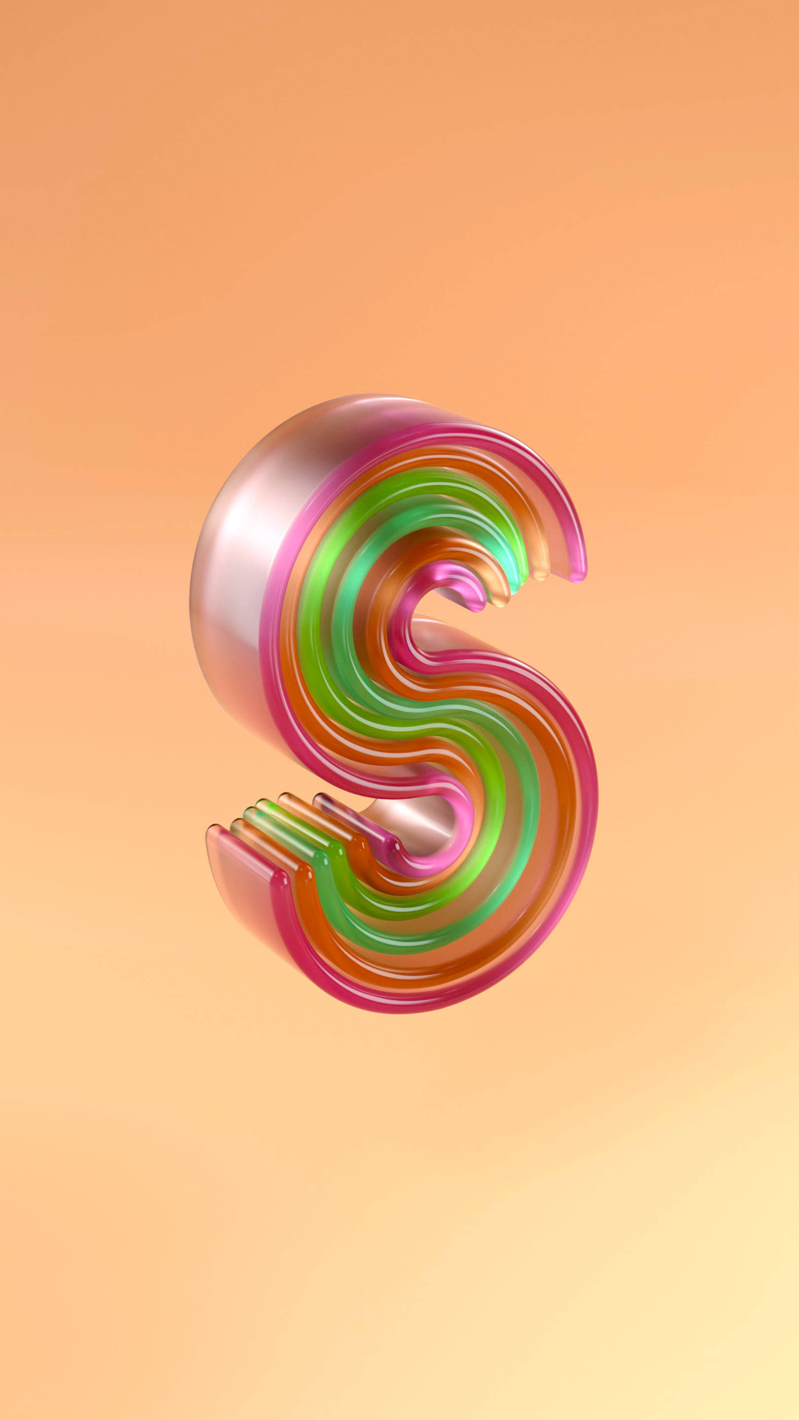 Candy S Alphabet, glossy 3D letter S, vibrant neon colors, 2K Phone Wallpaper