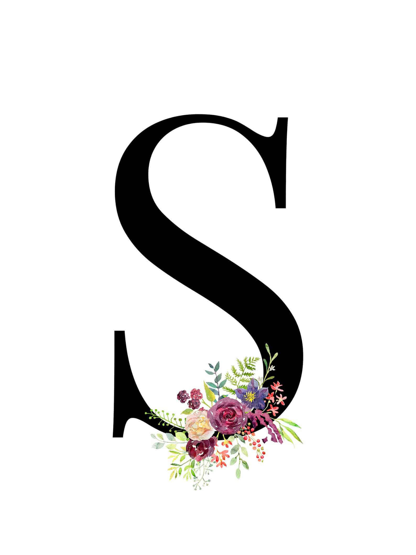bold black letter S, vibrant watercolor floral arrangement, purples pinks and greens, Full HD Phone Wallpaper
