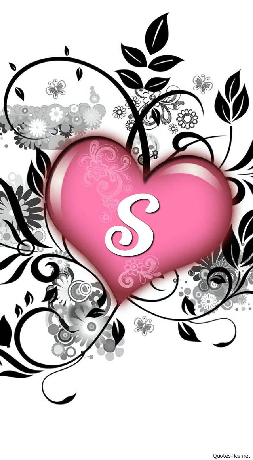 pink heart, white letter S, black and gray floral swirls, HD Phone Wallpaper