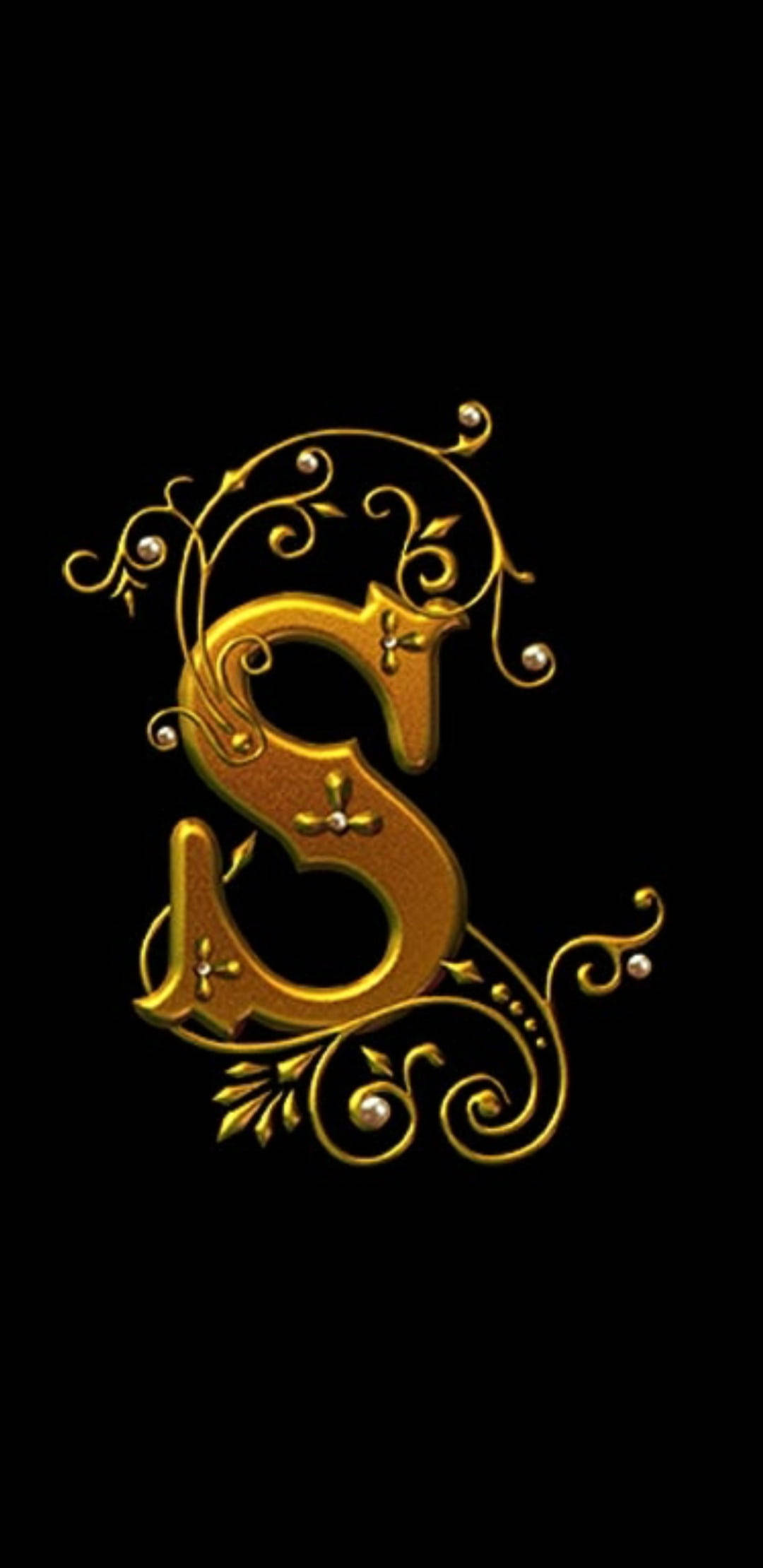 golden ornate letter S, swirling vines, pearls, Full HD Phone Wallpaper
