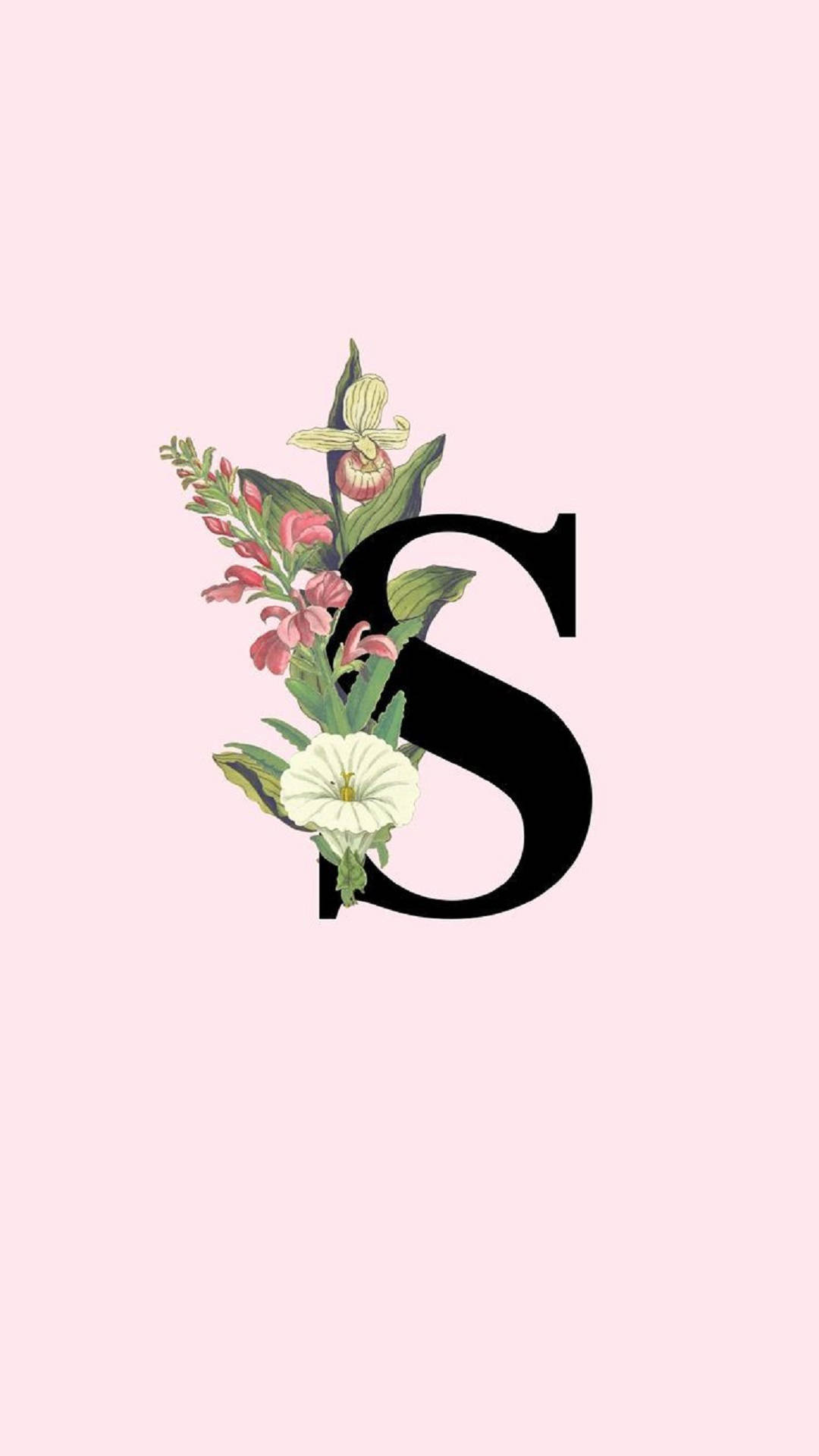 Black Letter S, pink and white flowers, soft pink background, Full HD Phone Wallpaper