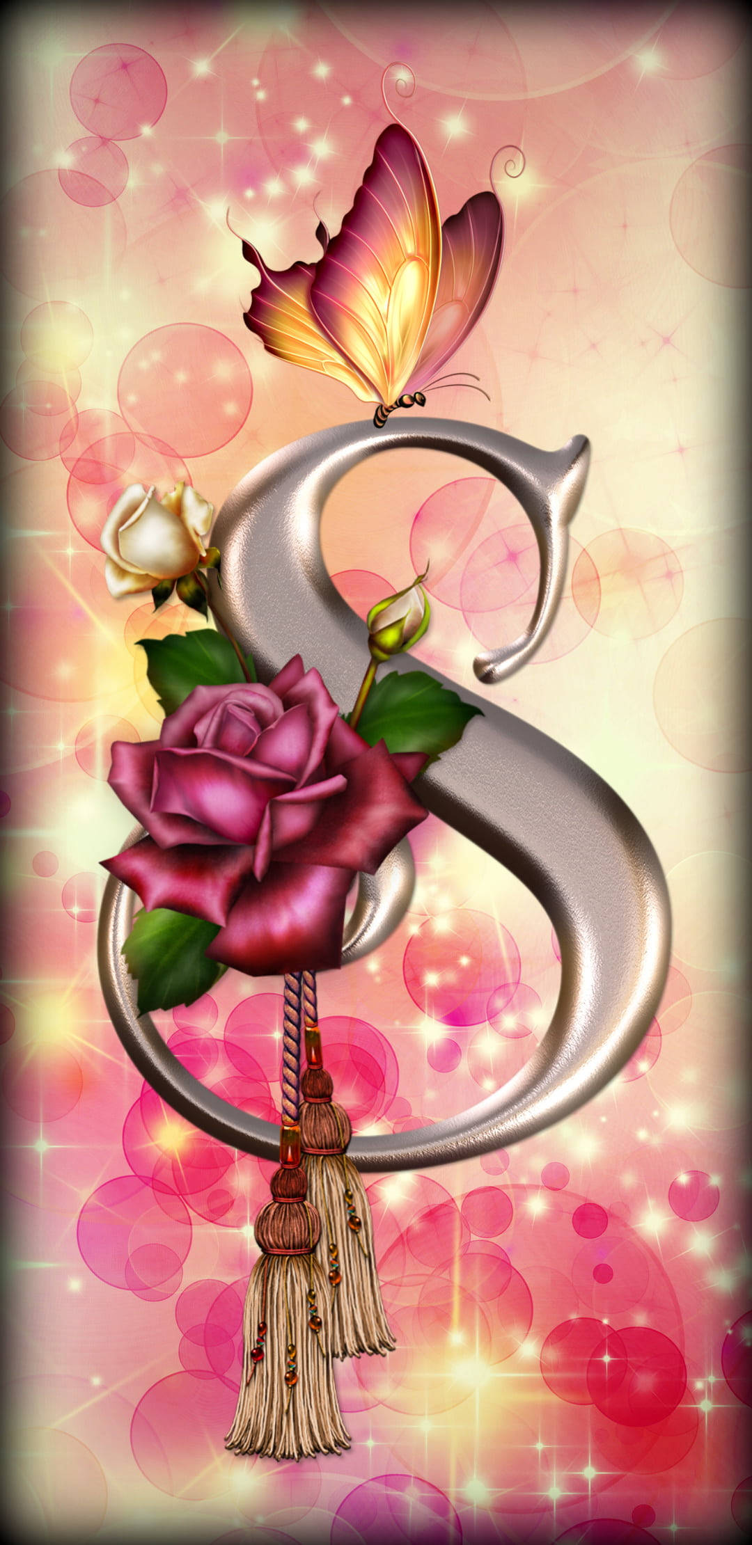 silver letter S, roses, butterfly, Full HD Phone Wallpaper
