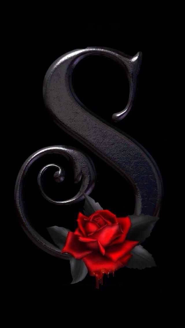 glossy black, stylized letter S, vivid red rose, SD Phone Wallpaper