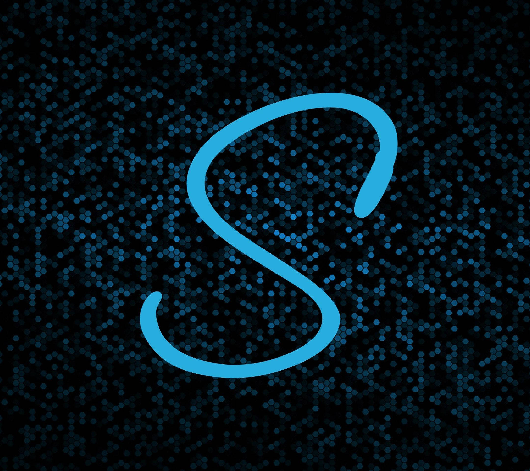glowing blue stylized letter S, dark background, scattered blue dots, Full HD Desktop Wallpaper