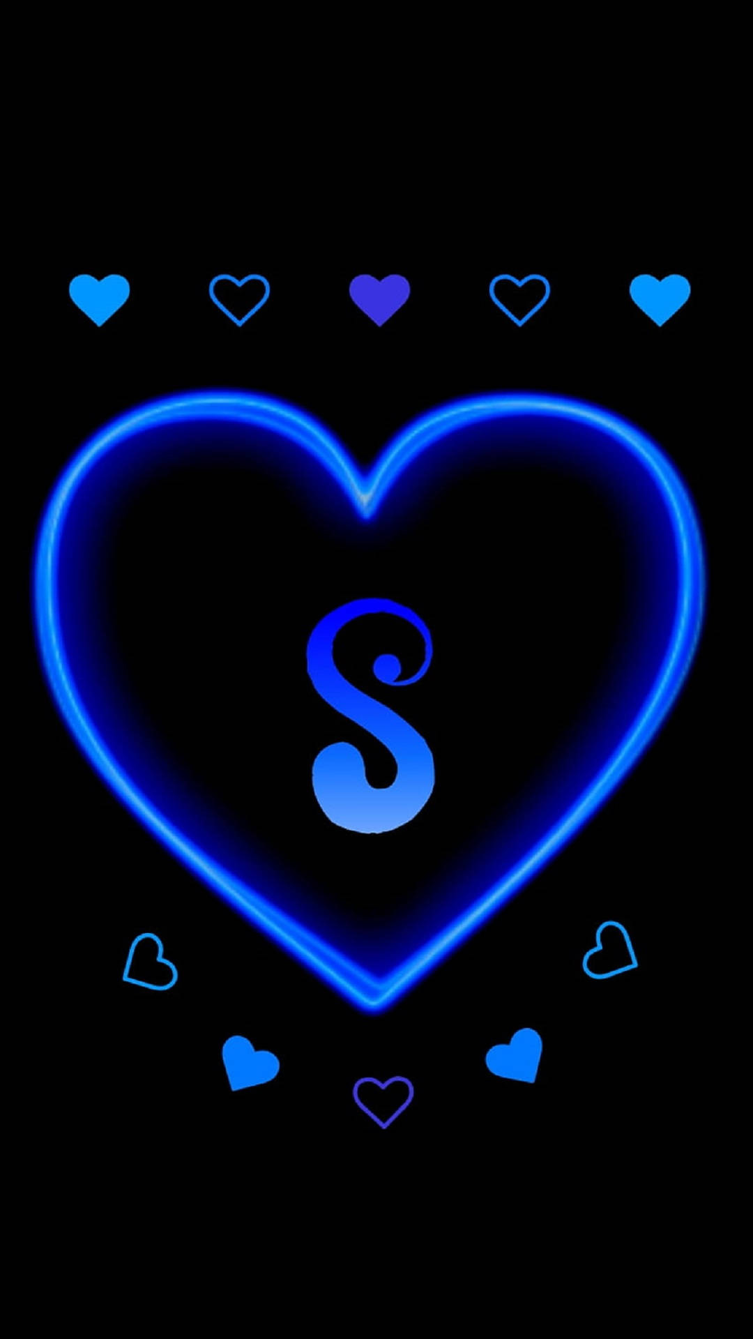 blue neon heart, stylized S, smaller hearts, Full HD Phone Wallpaper