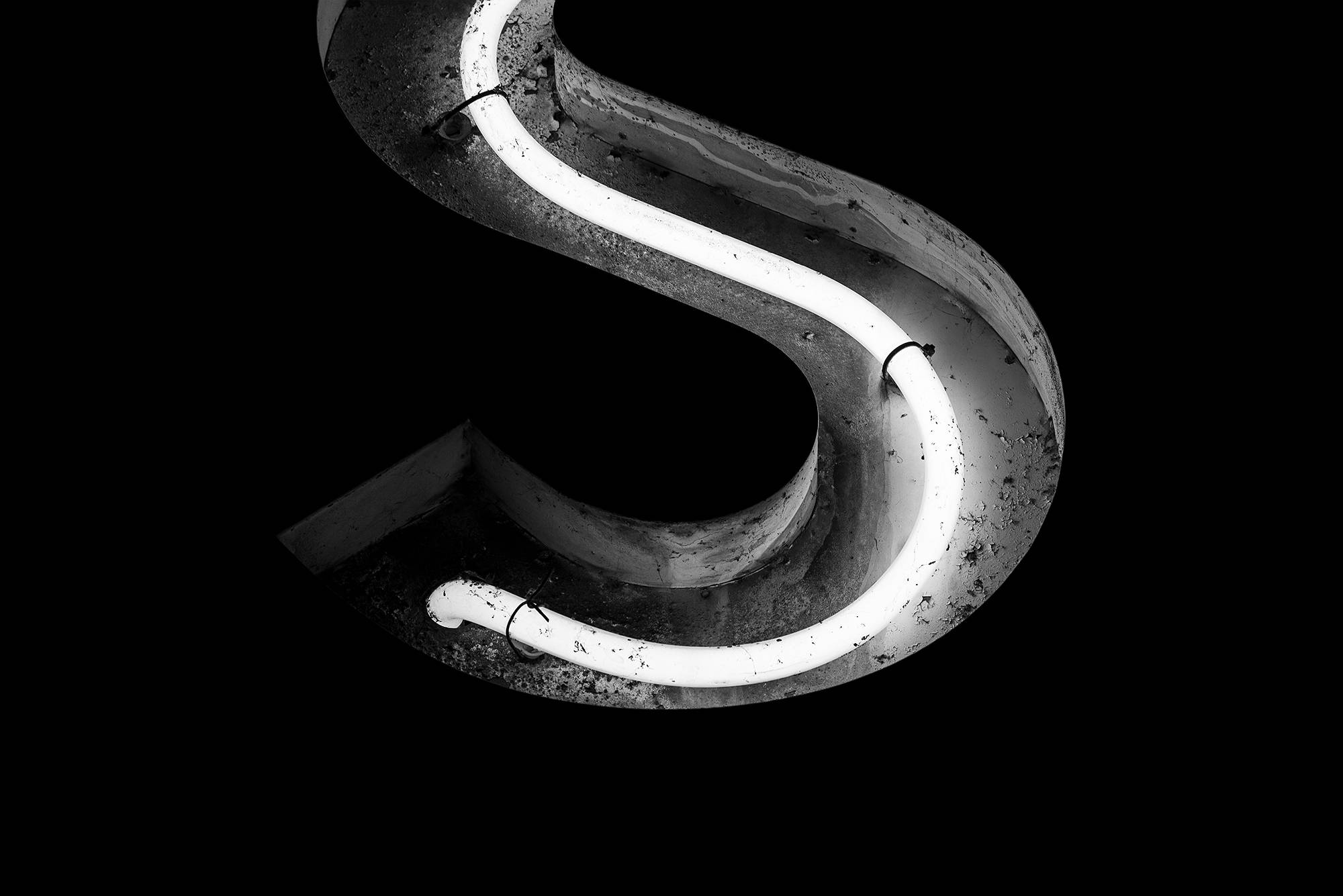 Letter S, white neon, weathered concrete structure, Full HD Desktop Wallpaper