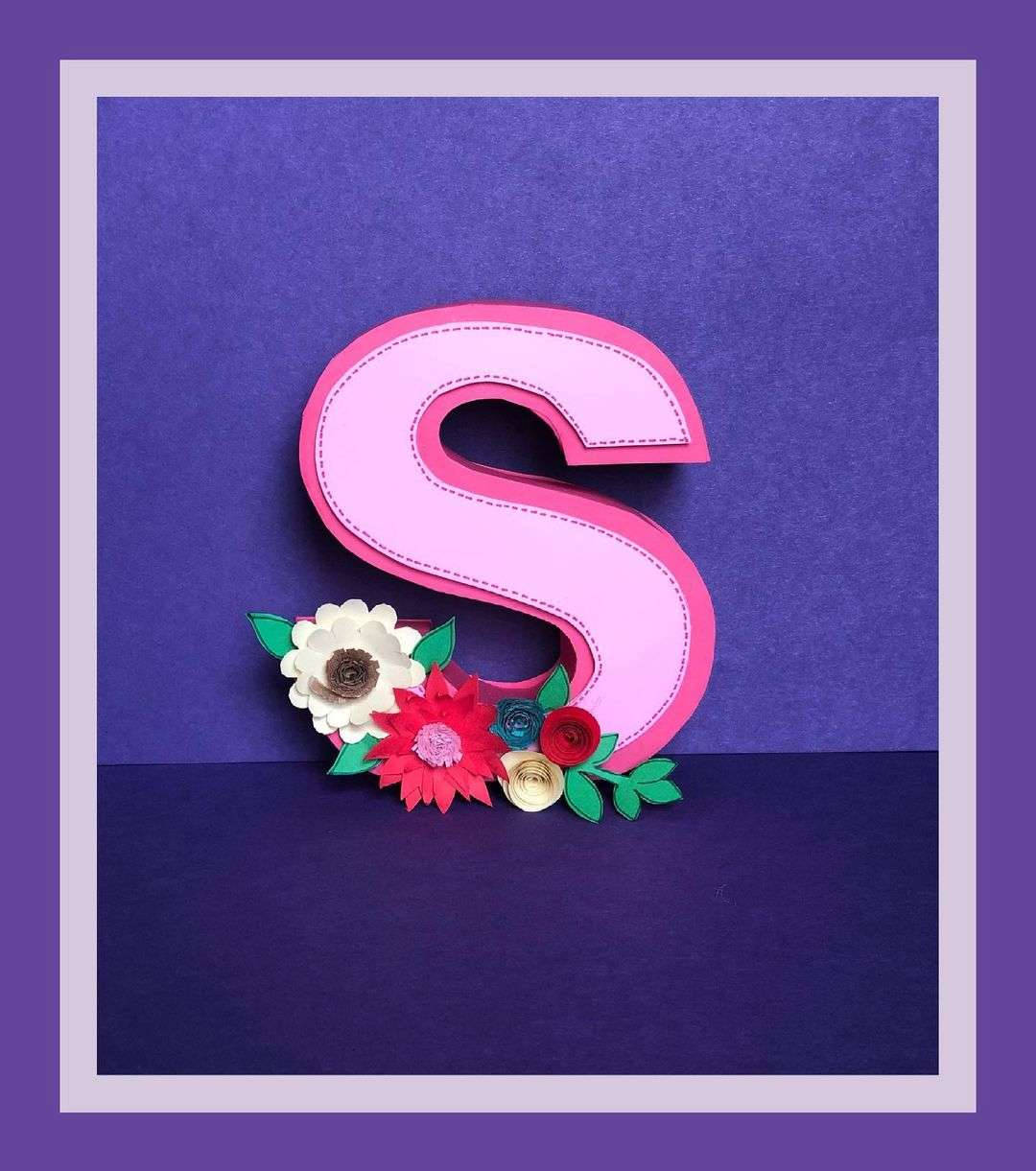 pink paper letter S, floral embellishments, deep purple textured surface, SD Phone Wallpaper