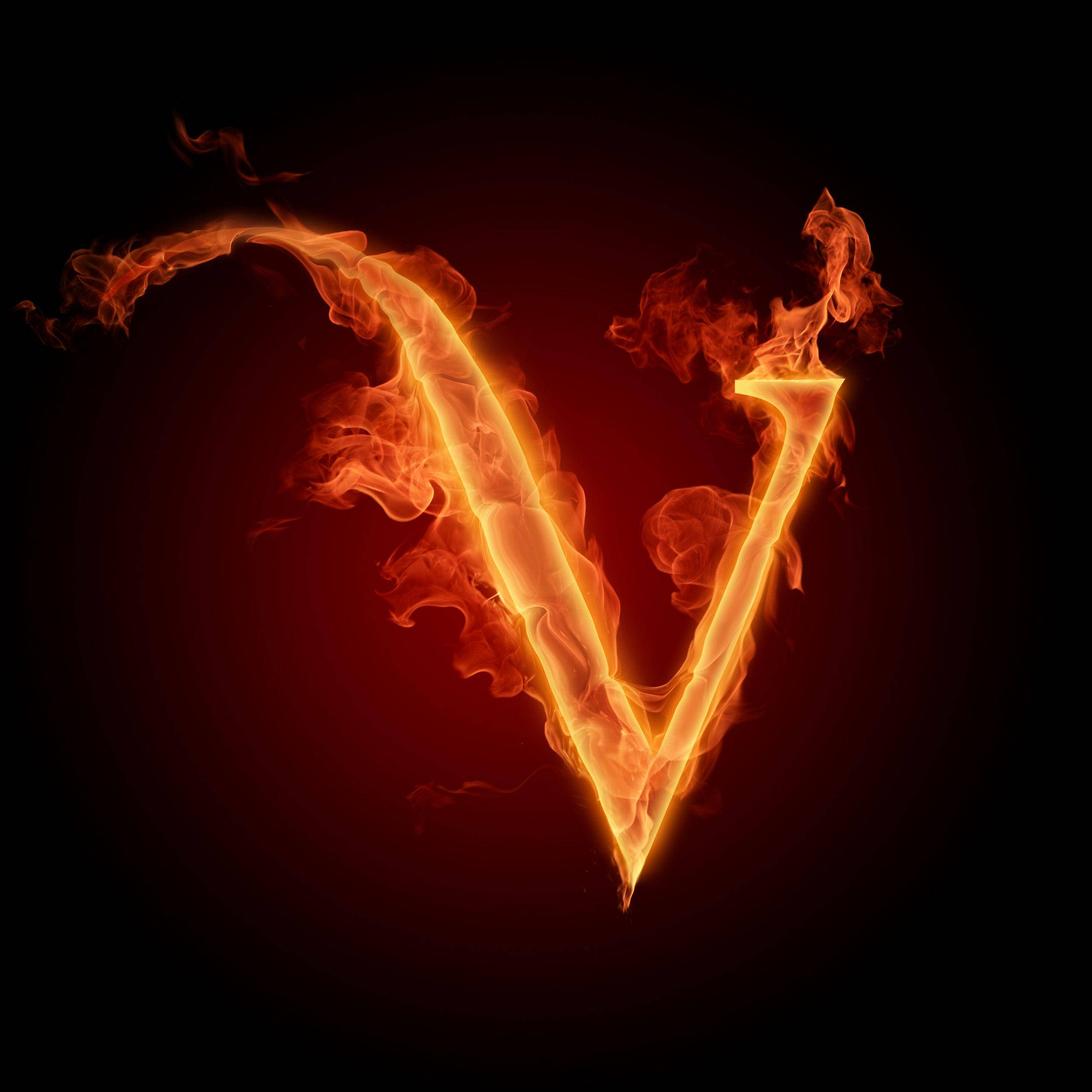 fiery letter V, orange flames, dark red gradient background, 2K Desktop Wallpaper
