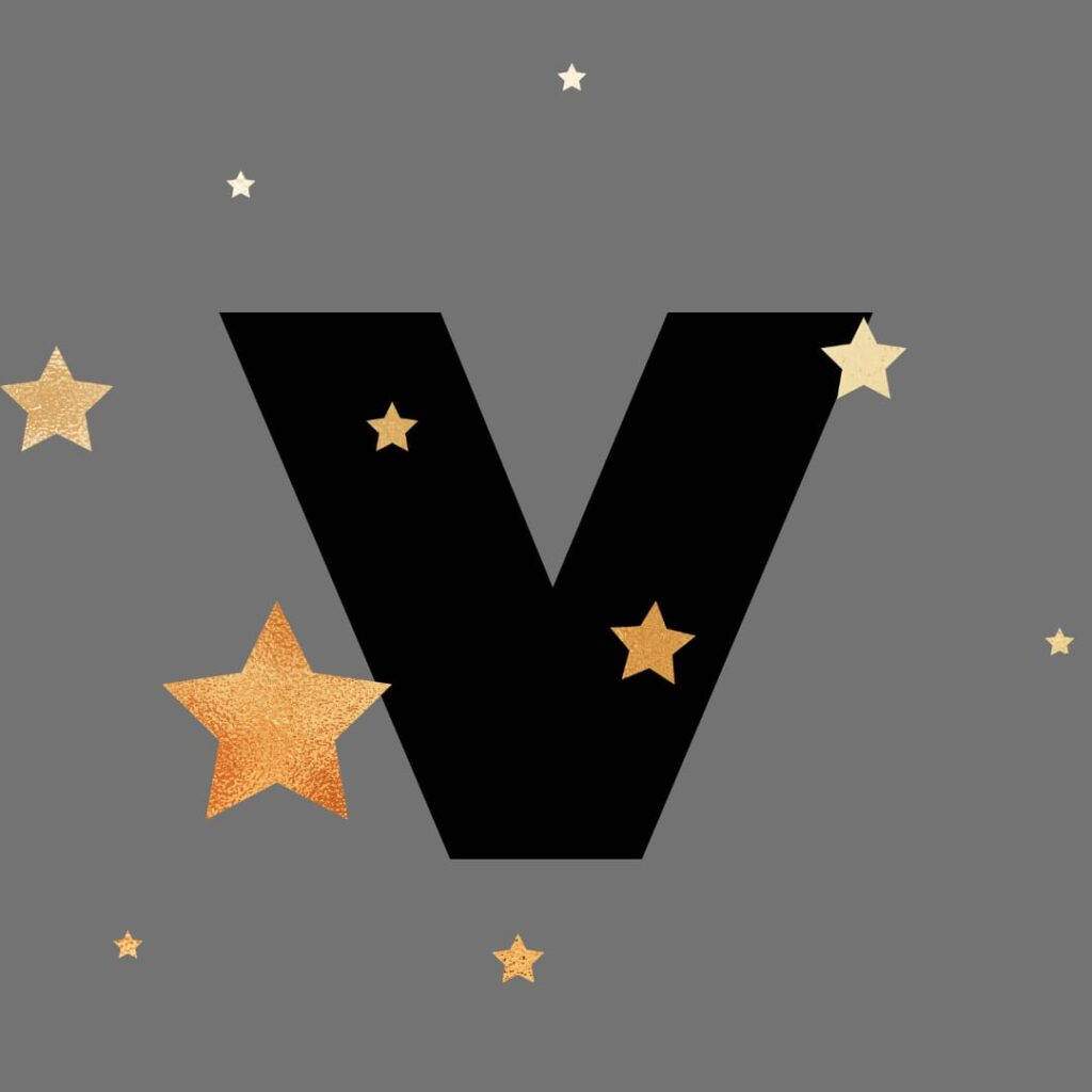 Letter V, glittery gold stars, muted gray background, SD Desktop Wallpaper
