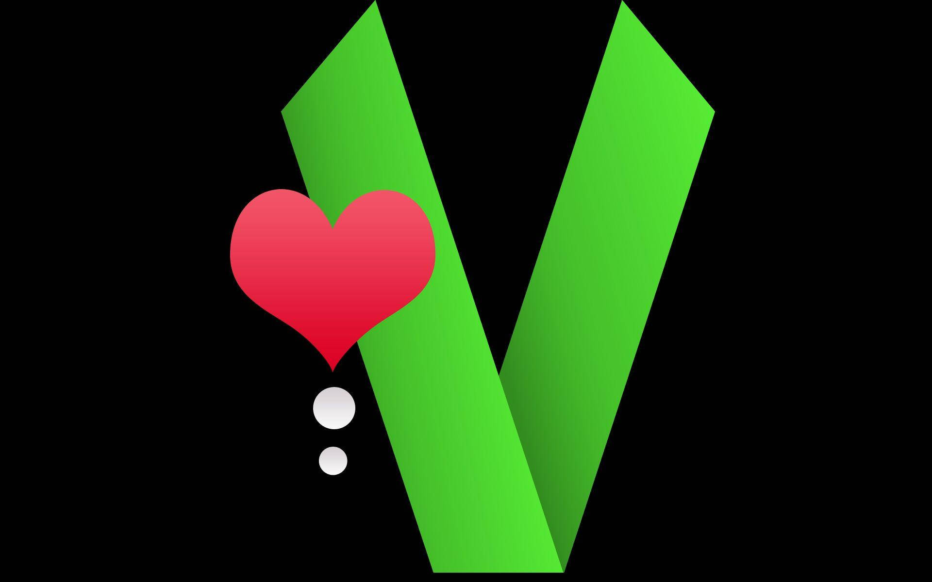 green letter V, red heart, white dots, Full HD Desktop Wallpaper