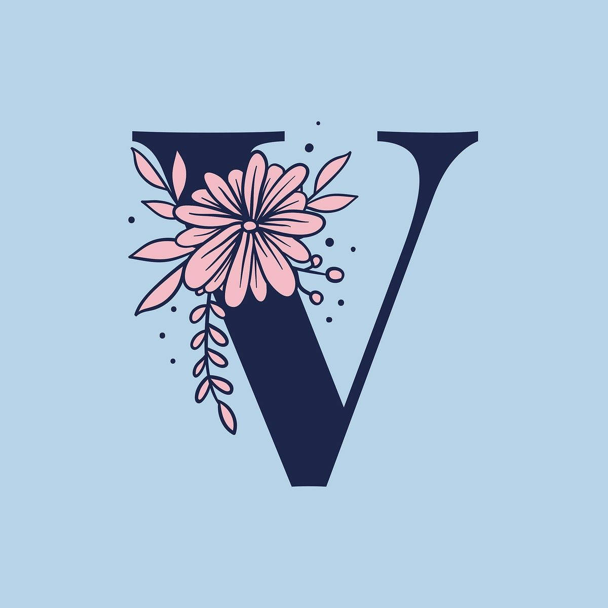 navy letter V, pink floral design, light blue background, SD Desktop Wallpaper