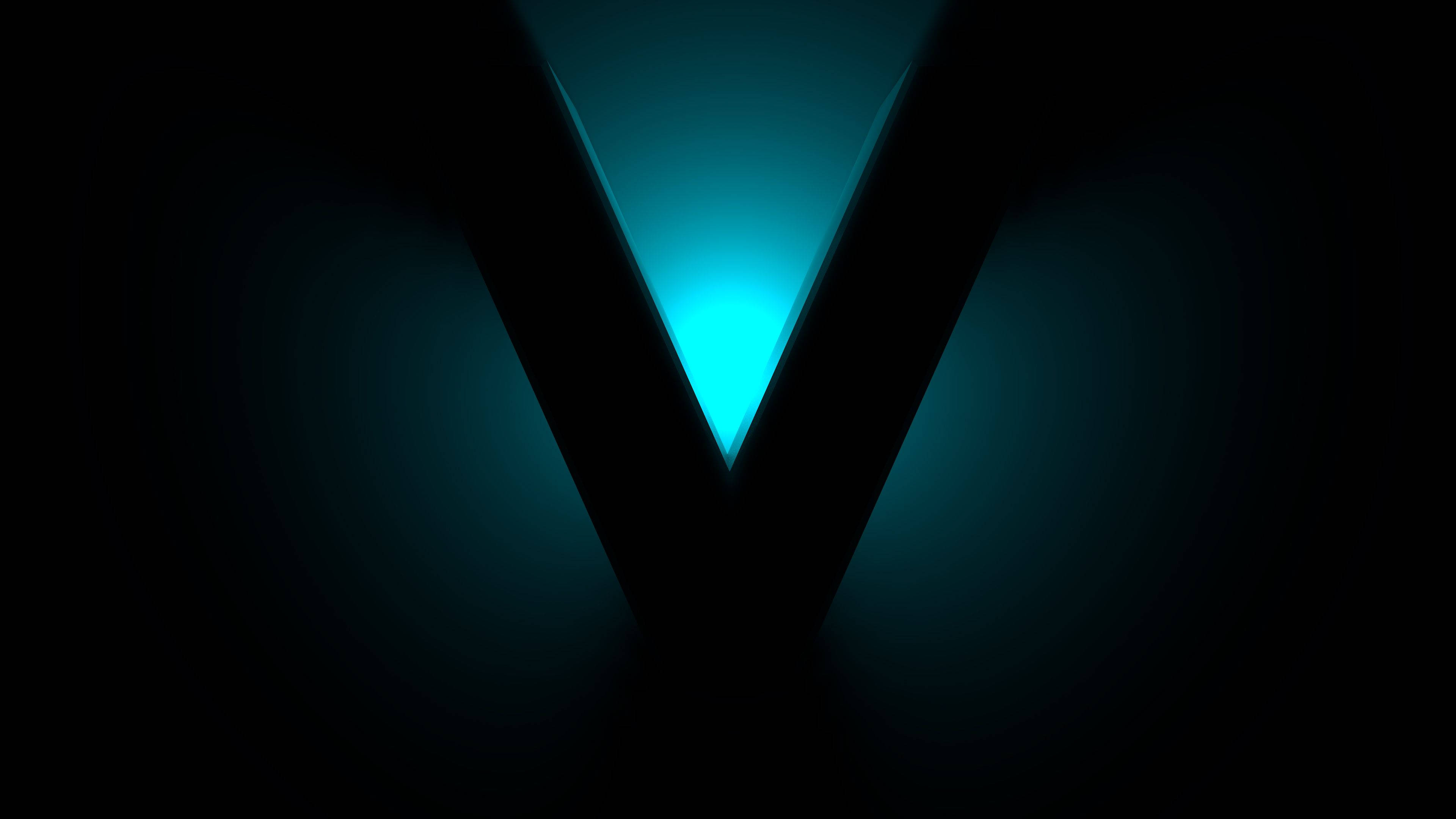 glowing cyan V-shaped light, darkness, soft gradient halos, 4K Desktop Wallpaper