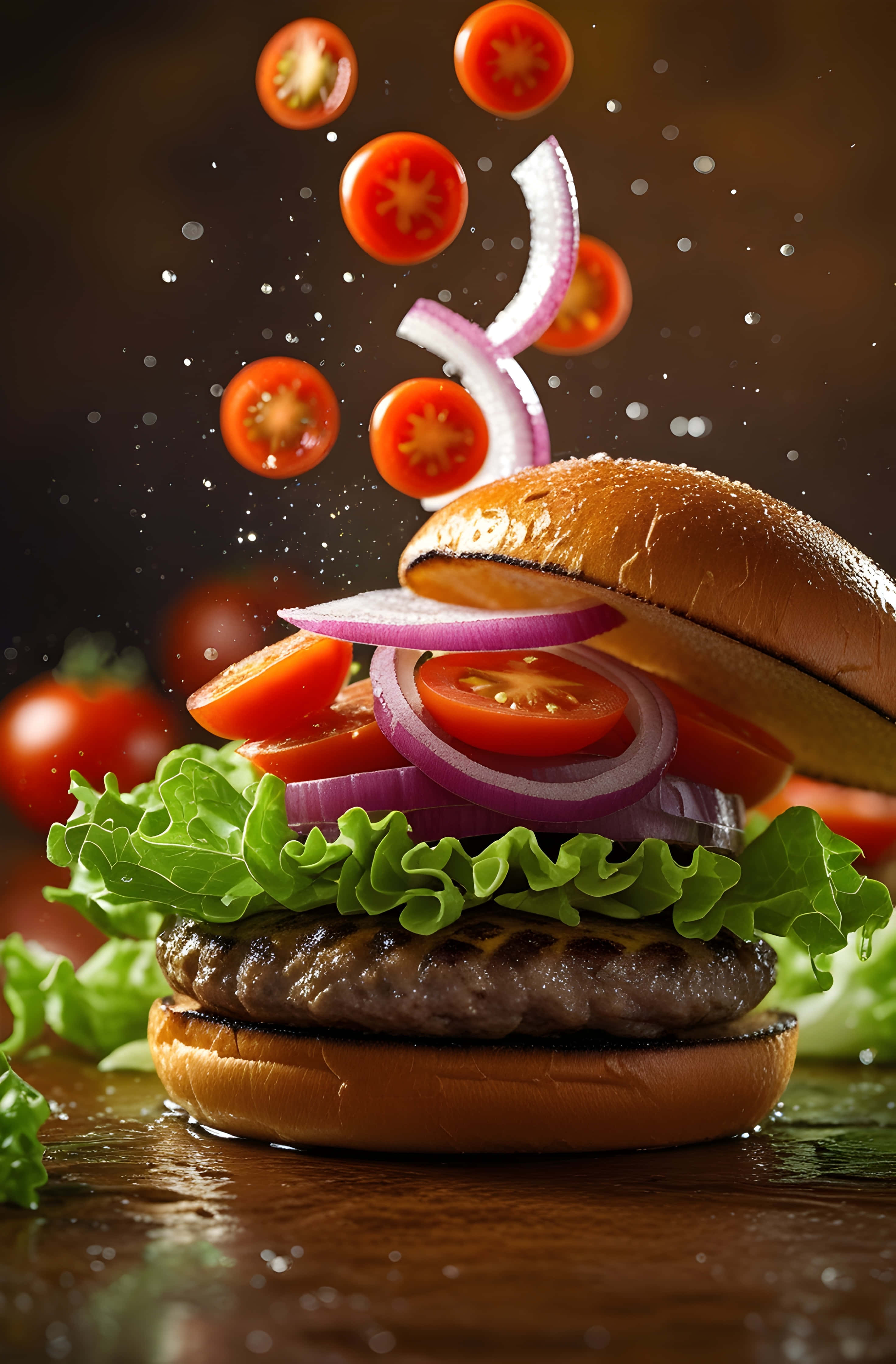 floating burger, lettuce, tomato, 4K Phone Wallpaper