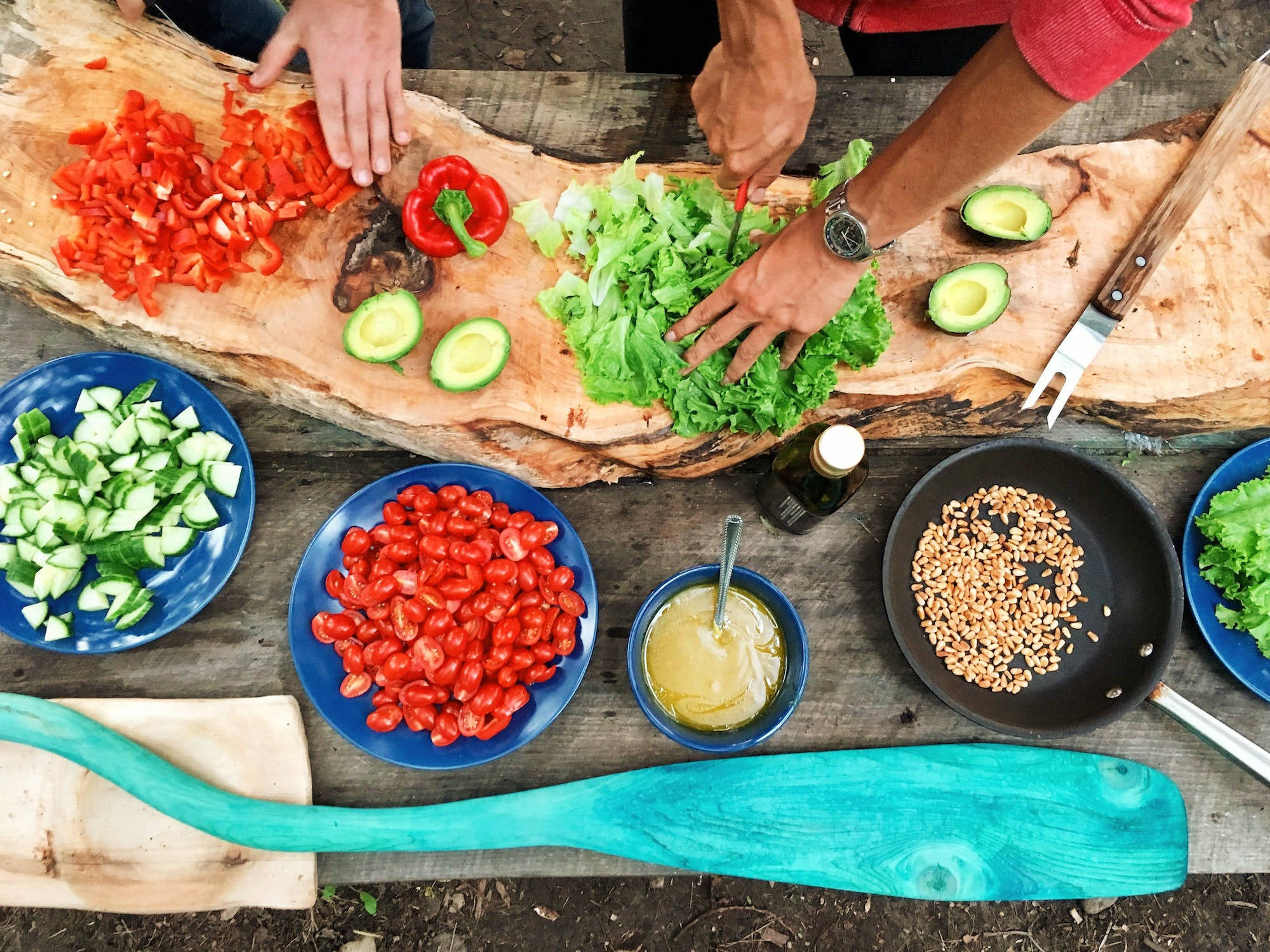 slice lettuce, rustic wooden board, colorful bowls, Full HD Desktop Wallpaper