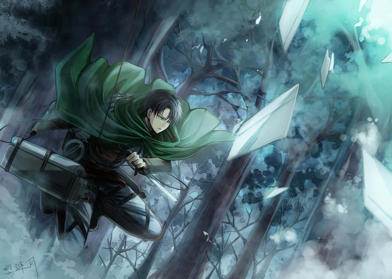 Levi Ackerman, maneuver gear, green cloak, HD Desktop Wallpaper
